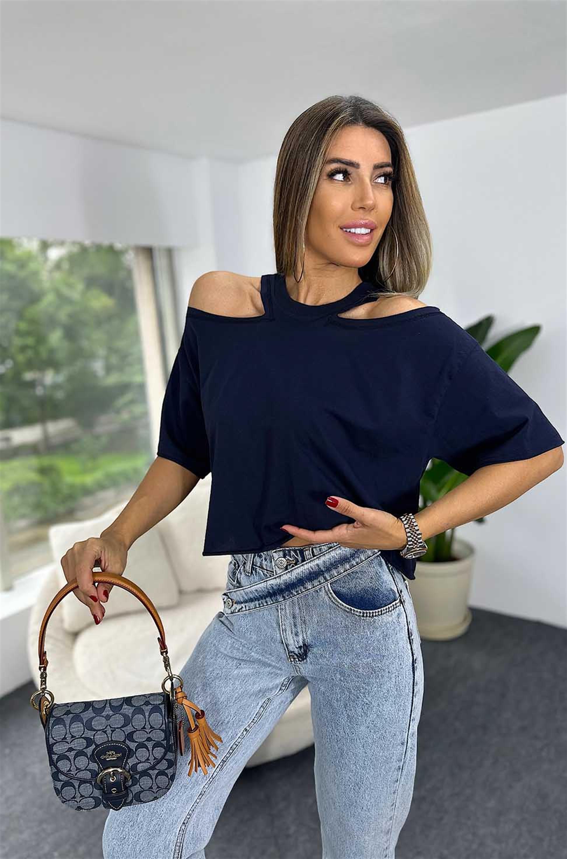 Ultra Lüx Kalite Omuz Dekolteli Kısa Oversize Tişört Lacivert · 7