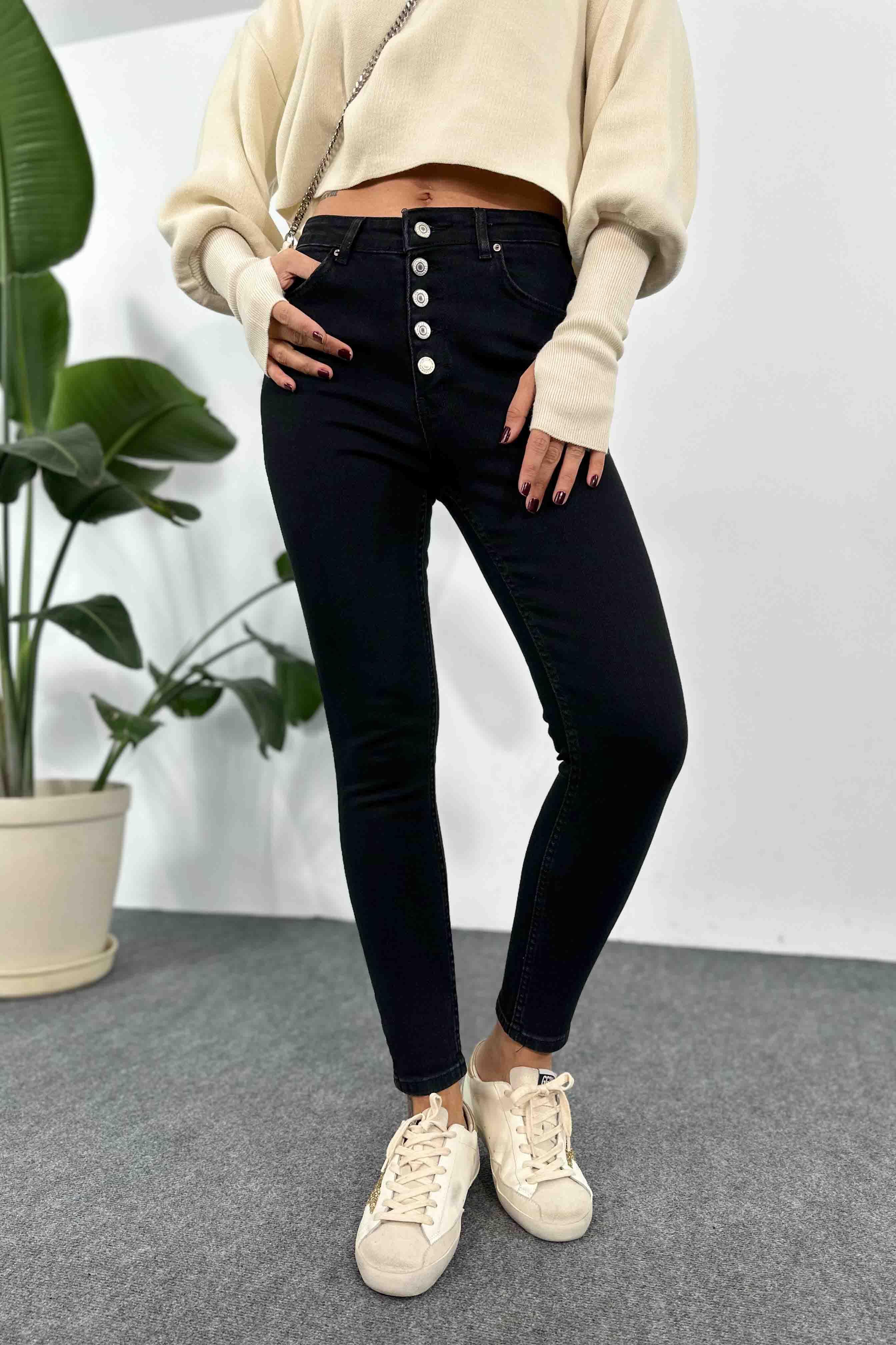 Ultra Yüksek Bel Düğmeli Skinny Jean Siyah
