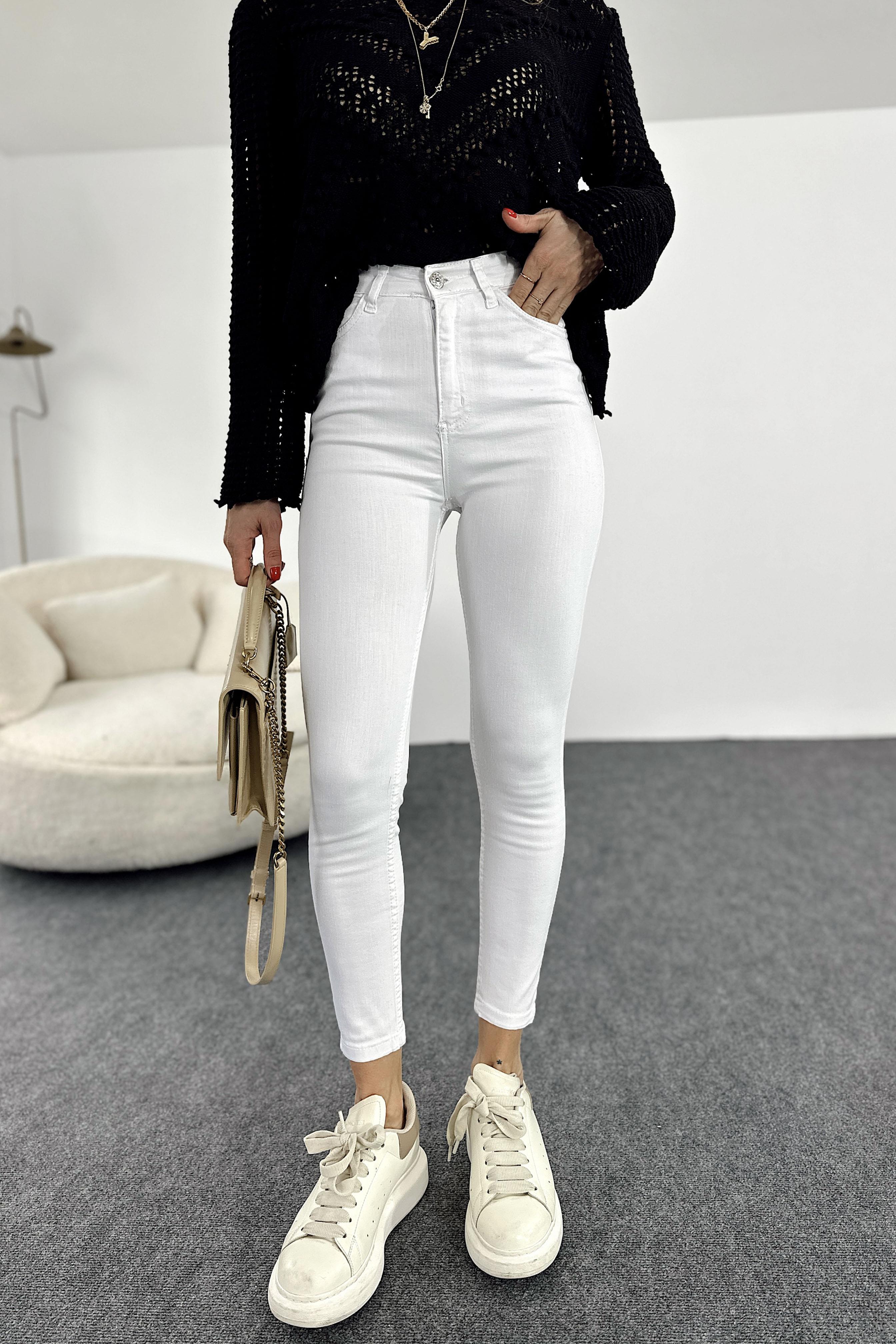 Ultra Yüksek Bel Likralı Skinny Jean Pantolon Beyaz