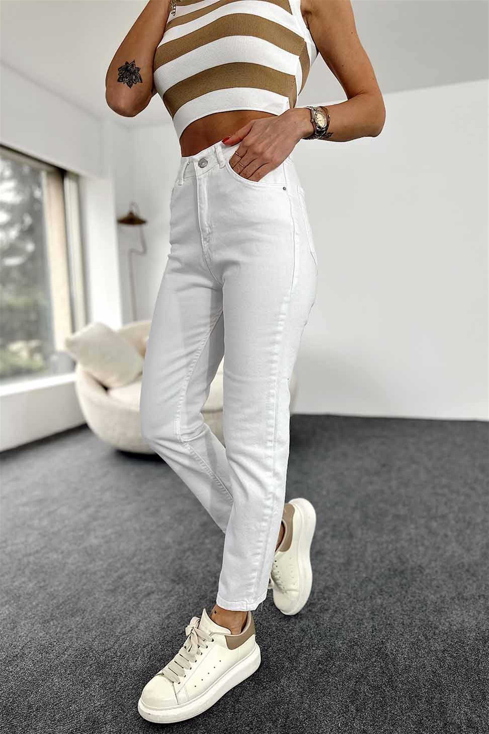 Ultra Yüksek Bel Mom Jean Pantolon Beyaz