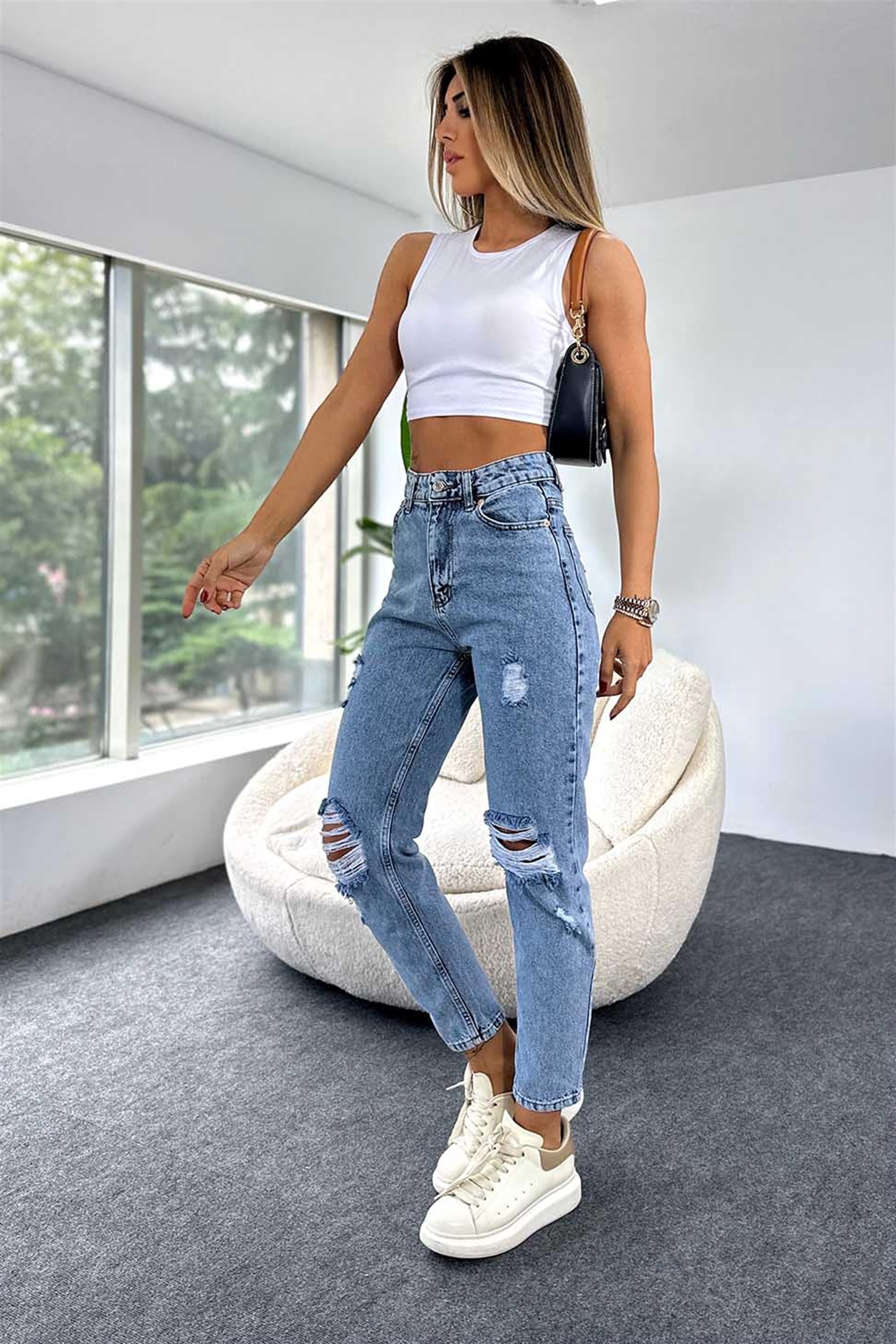 Ultra Yüksek Bel Yırtık Detaylı Boyfriend Jean Pantolon Açık Mavi