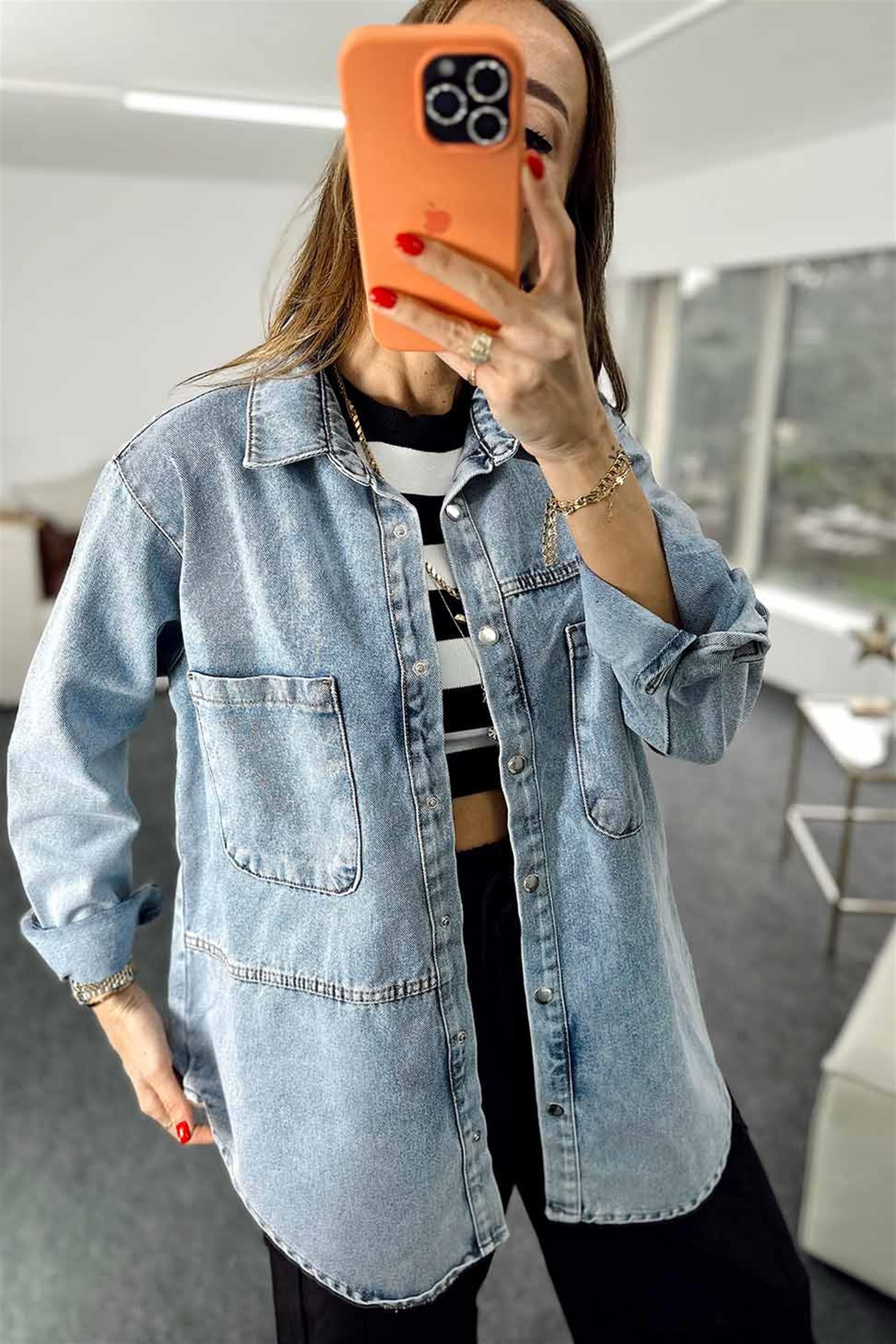 Uzun Cepli Denim Kadın Gömlek Mavi