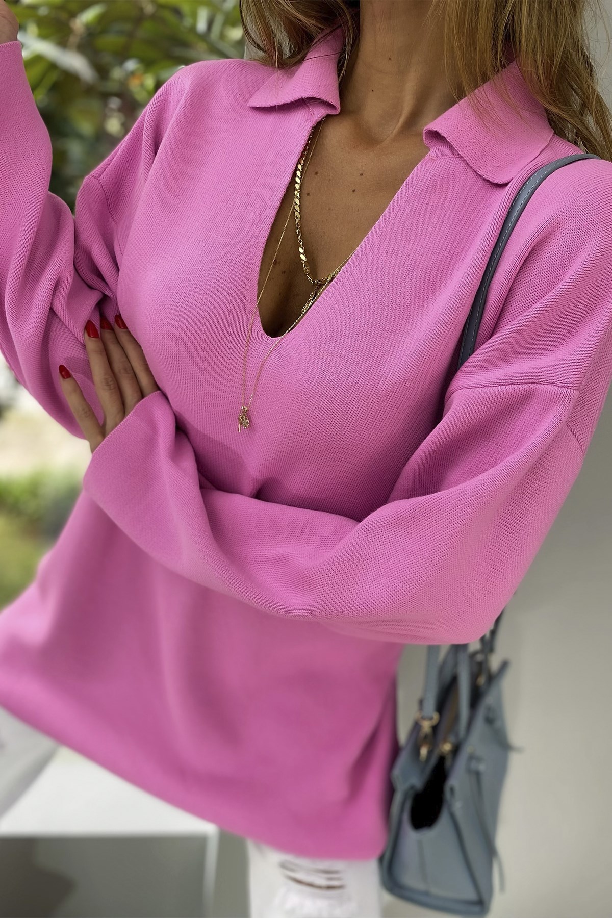 V Polo Yaka Oversize Salaş Kazak Pembe