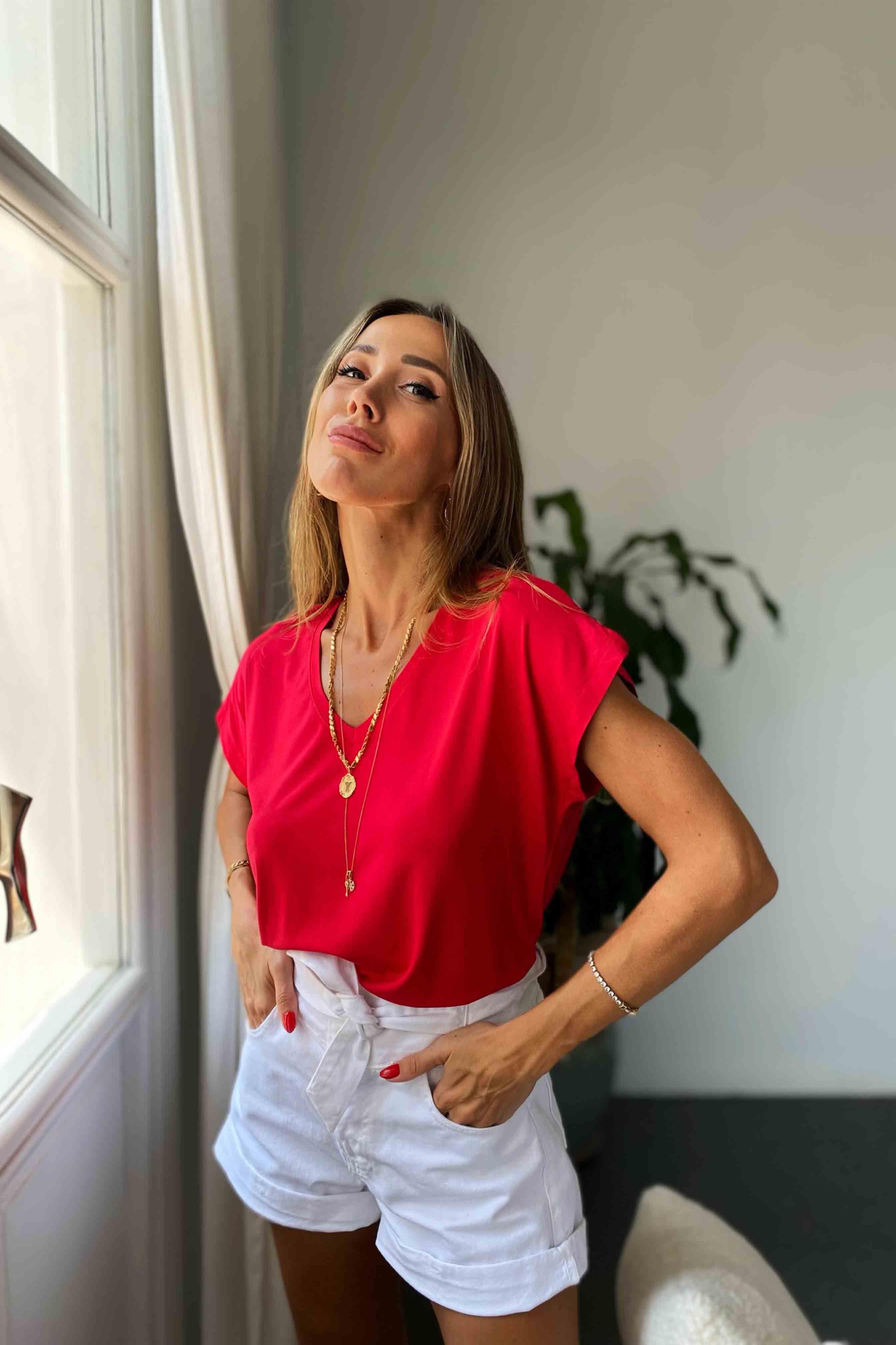 V Yaka Basic Kadın Tişört Kırmızı