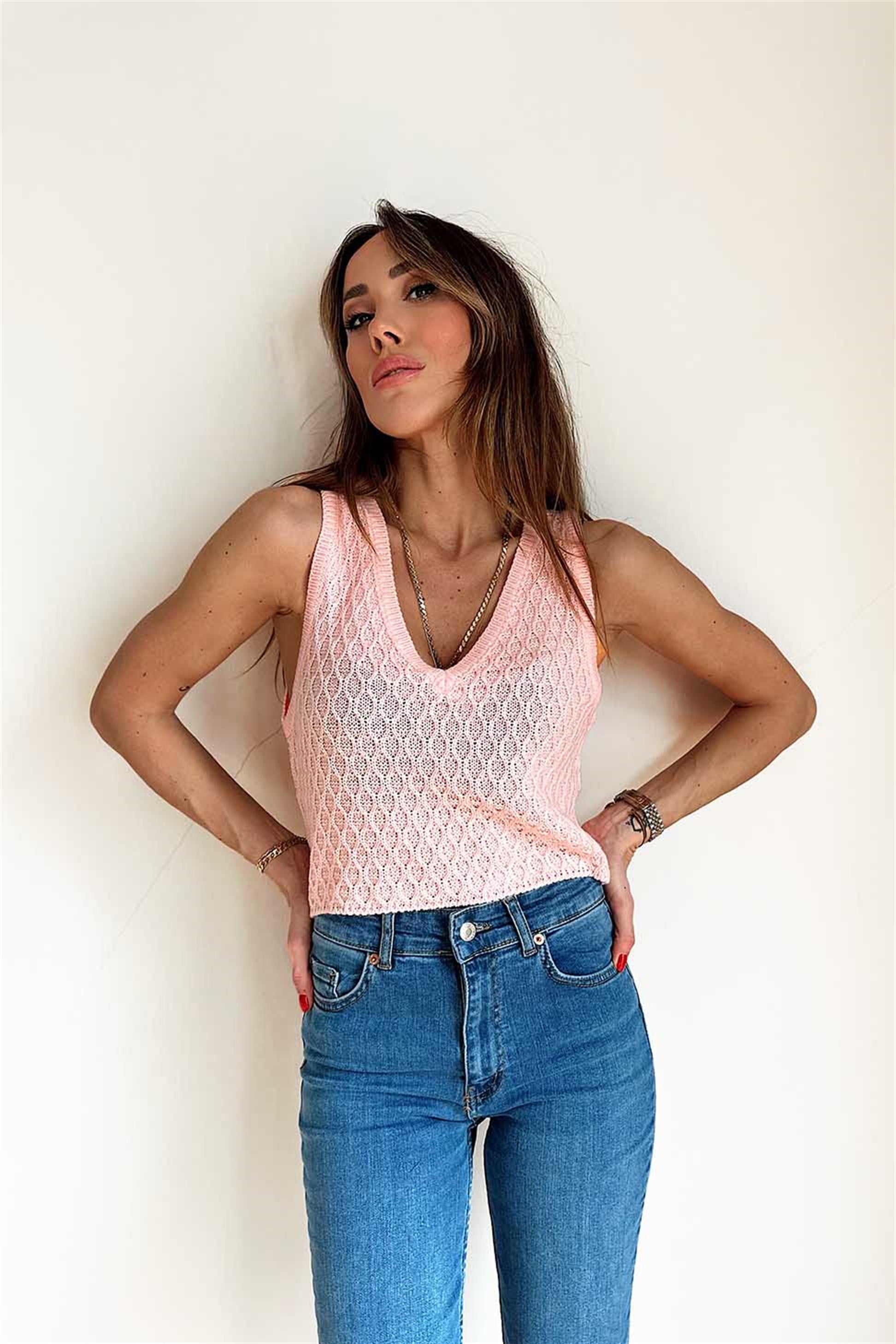 V Yaka Örme Crop Süveter Pembe