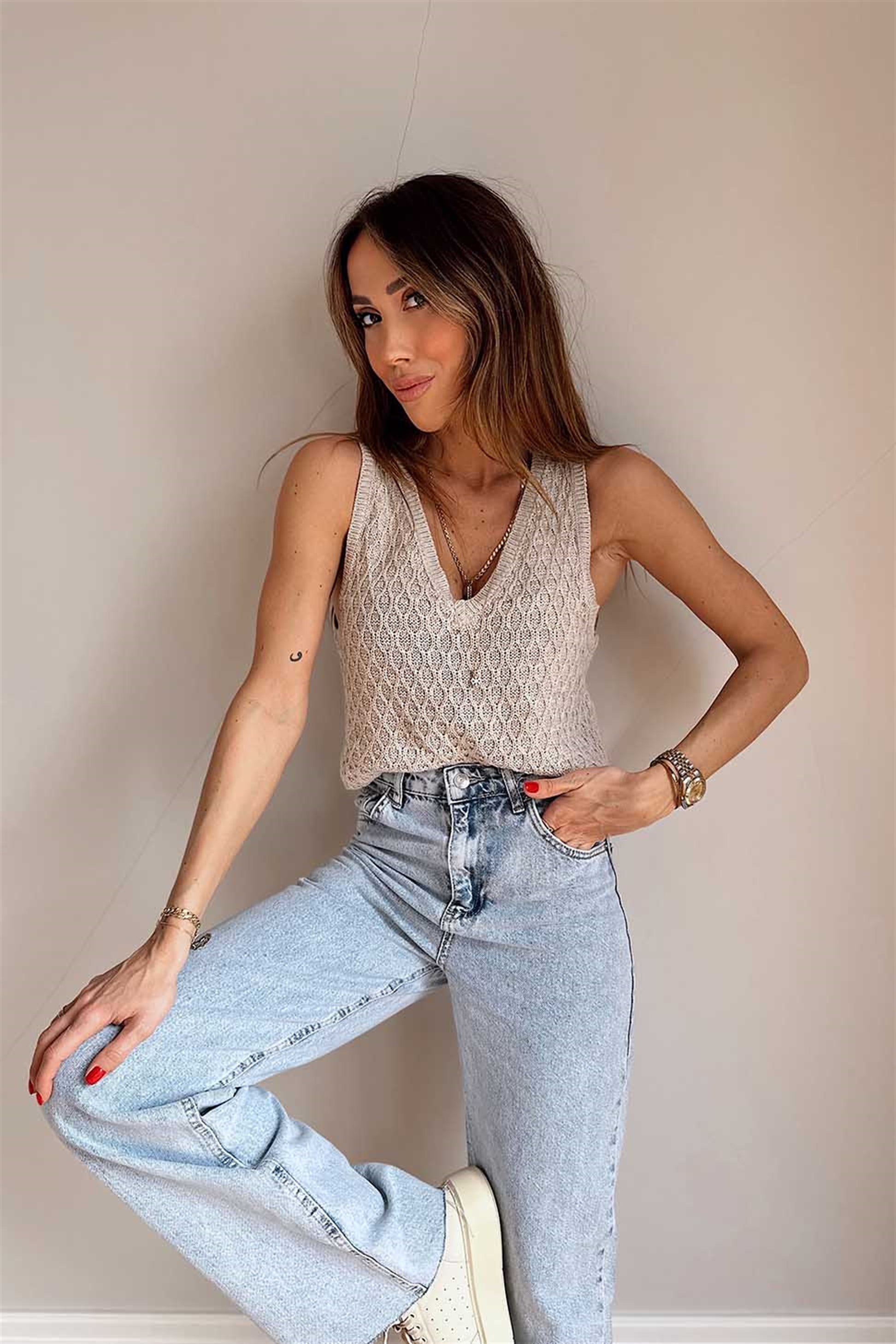 V Yaka Örme Crop Süveter Taş