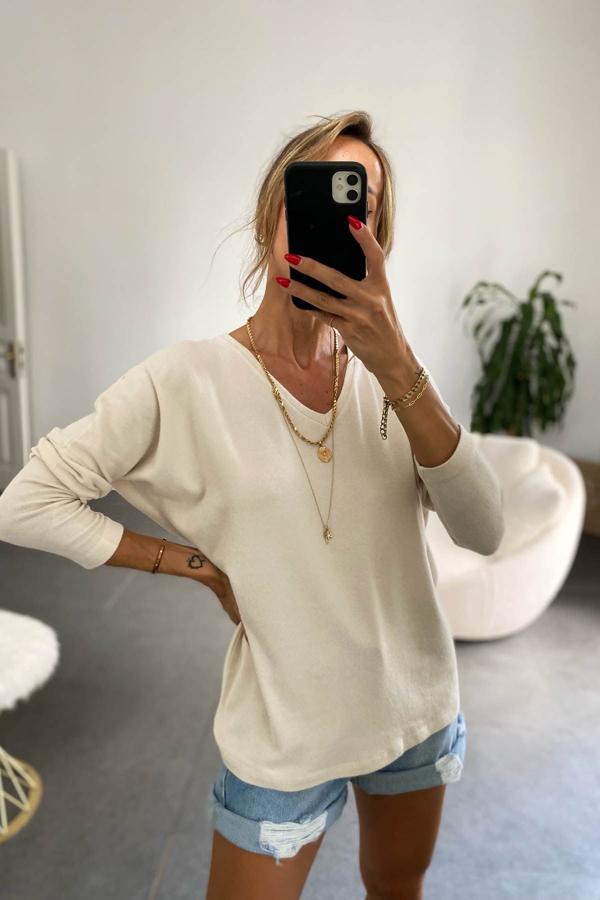 V Yaka Uzun Kol Merserize Bluz Ekru