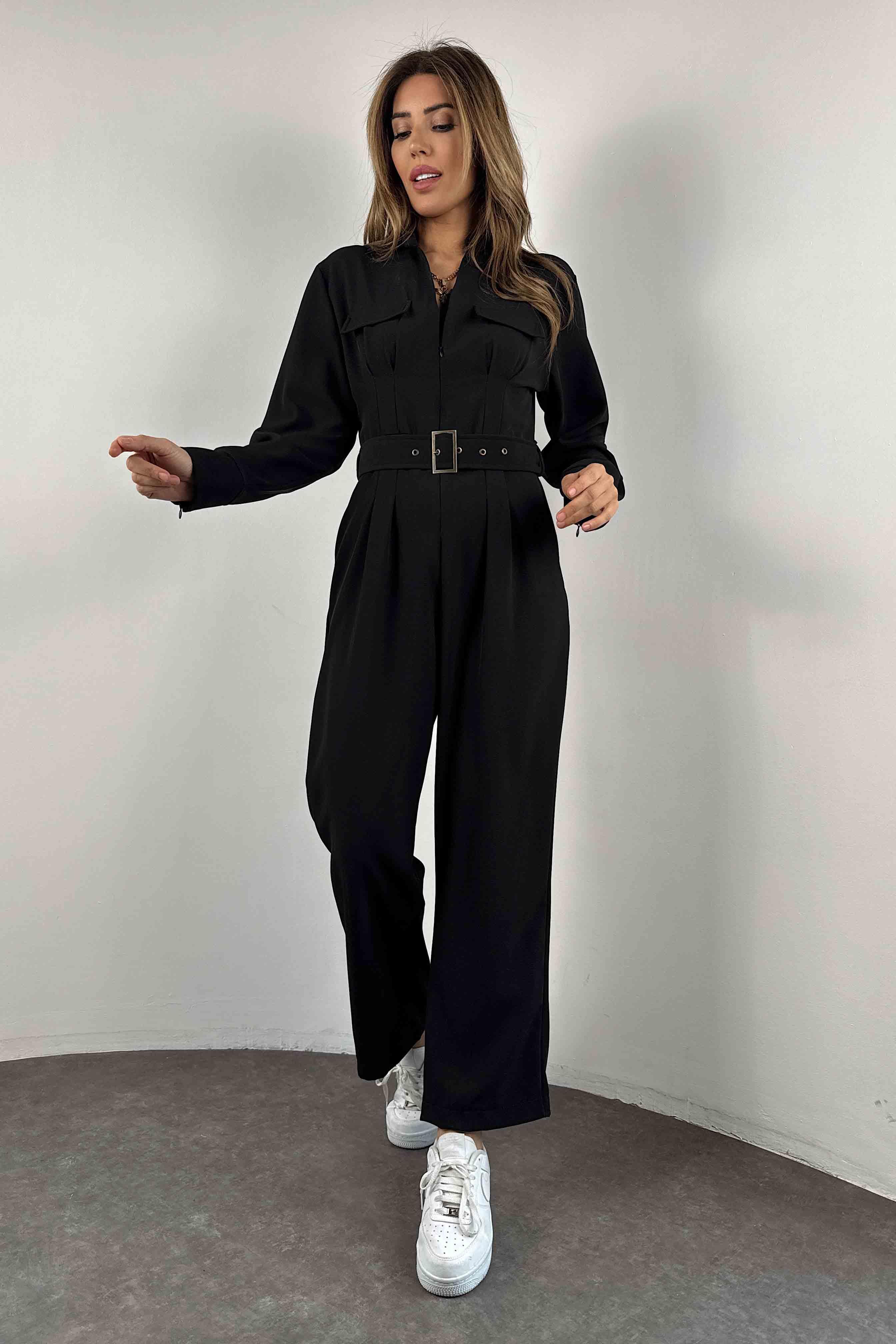 V Yakalı Önden Fermuar Detaylı Tulum Siyah