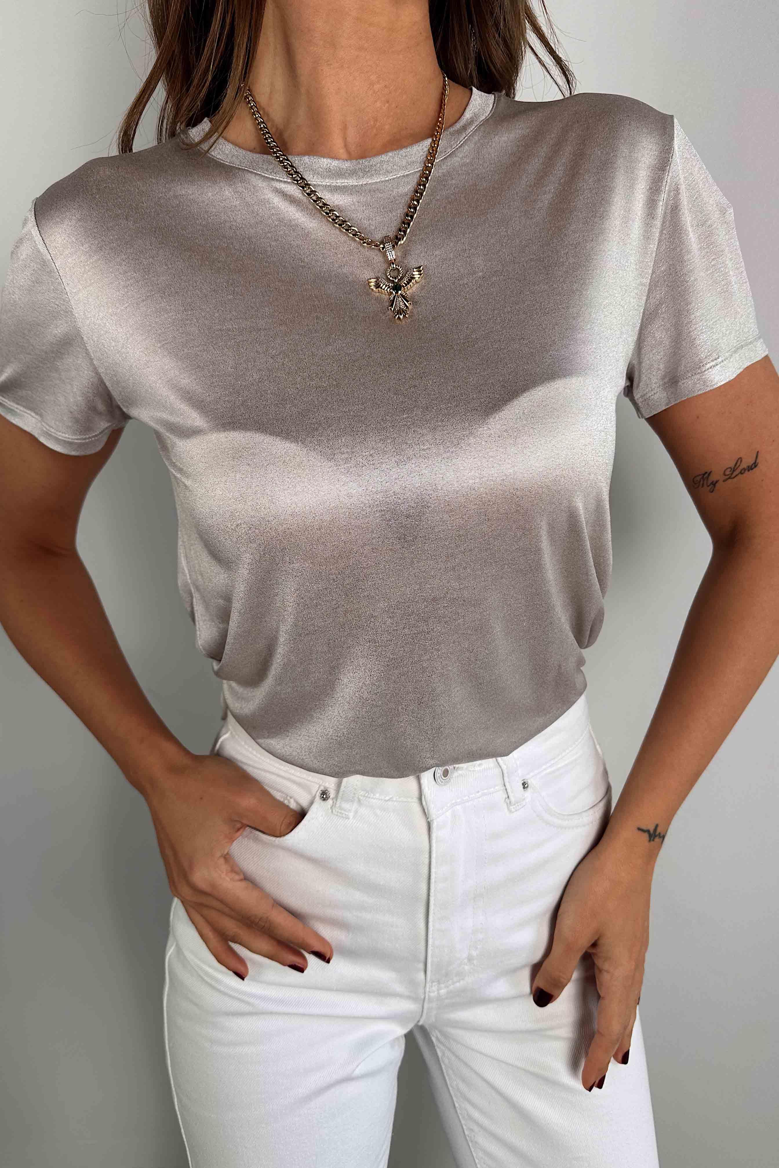 Varaklı Kadın Tişört Silver