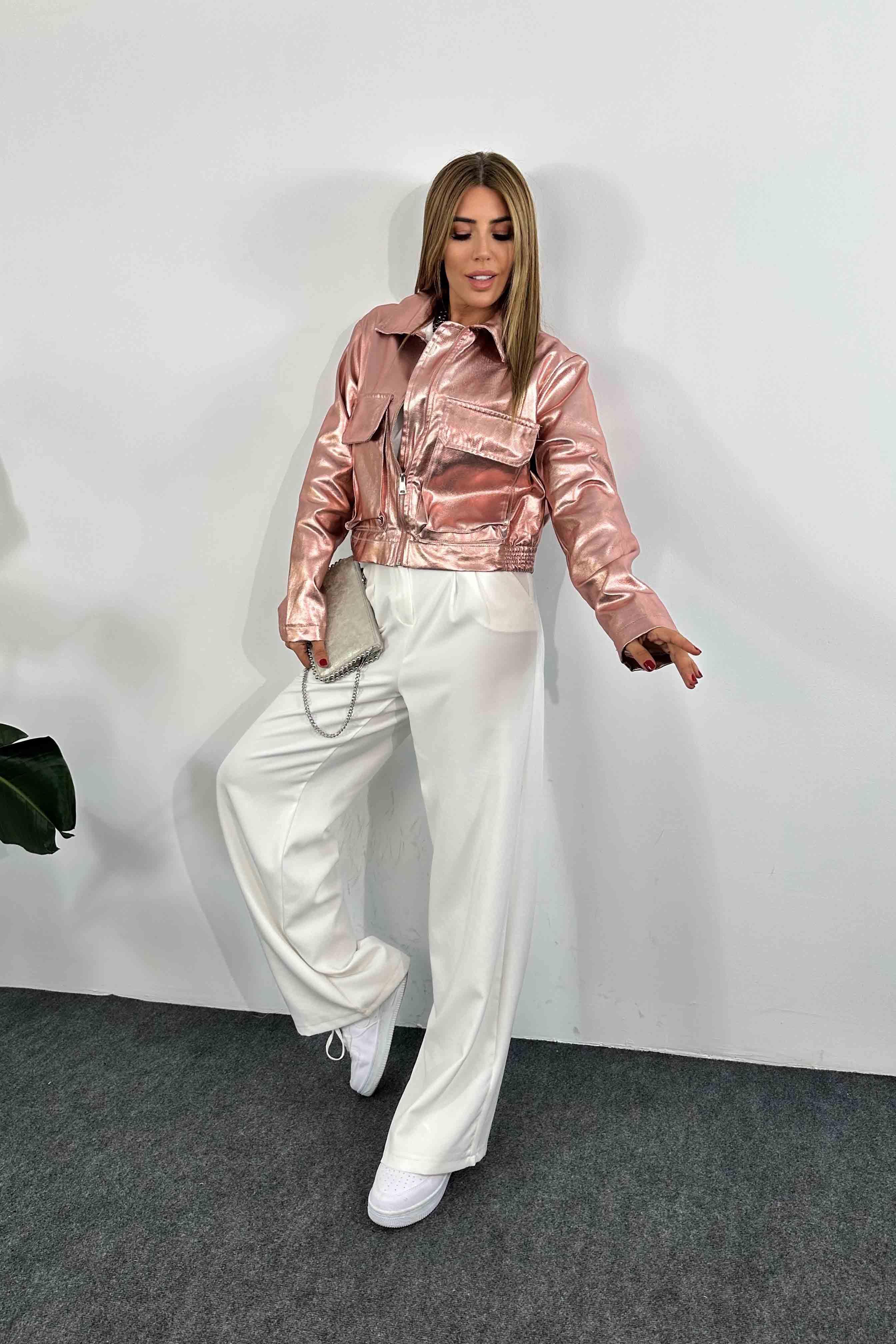 Varaklı Kumaş Bomber Ceket Pembe