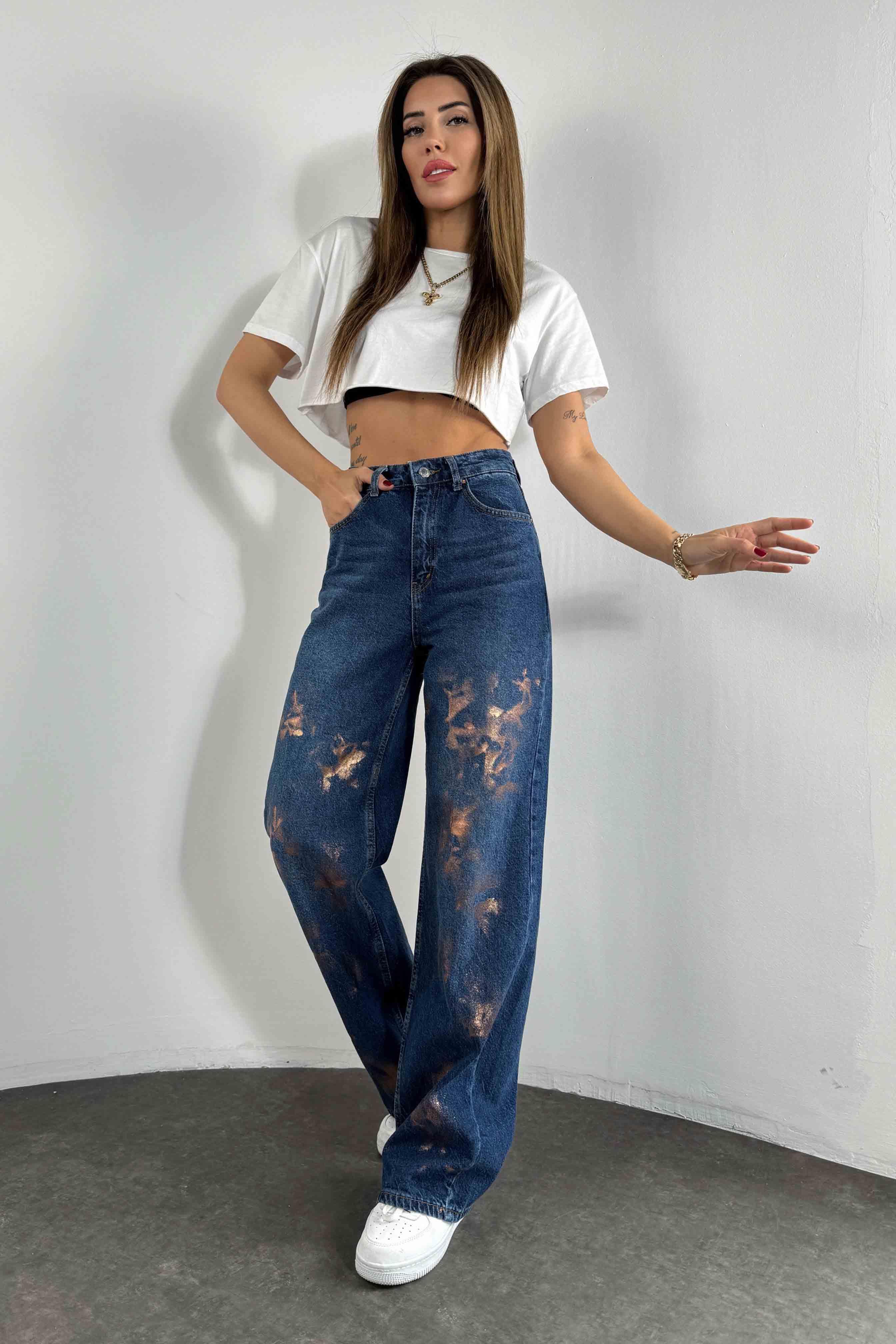 Varaklı Tasarım Baggy Jean Koyu Mavi