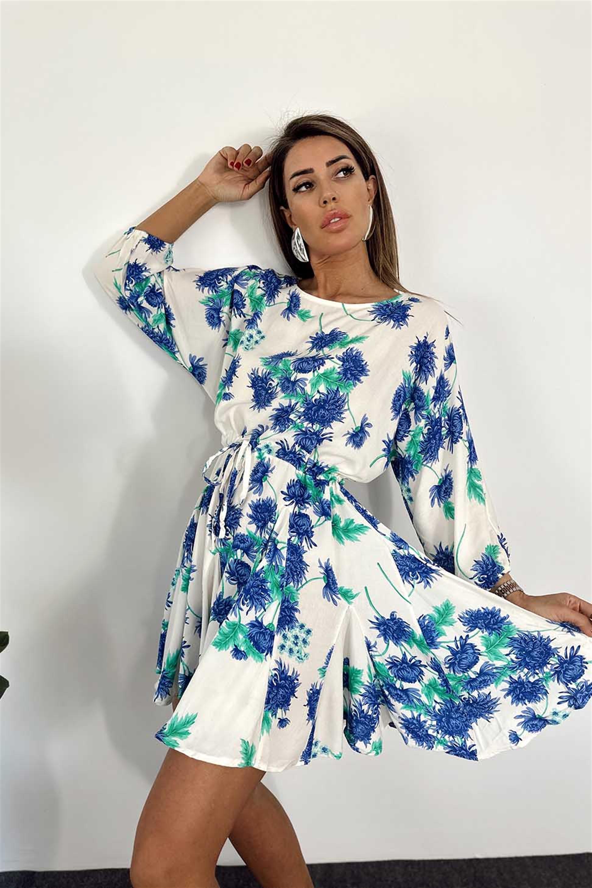 Viskon Kumaş Belden İp Sıkmalı Çiçek Desenli Oversize Elbise Saks