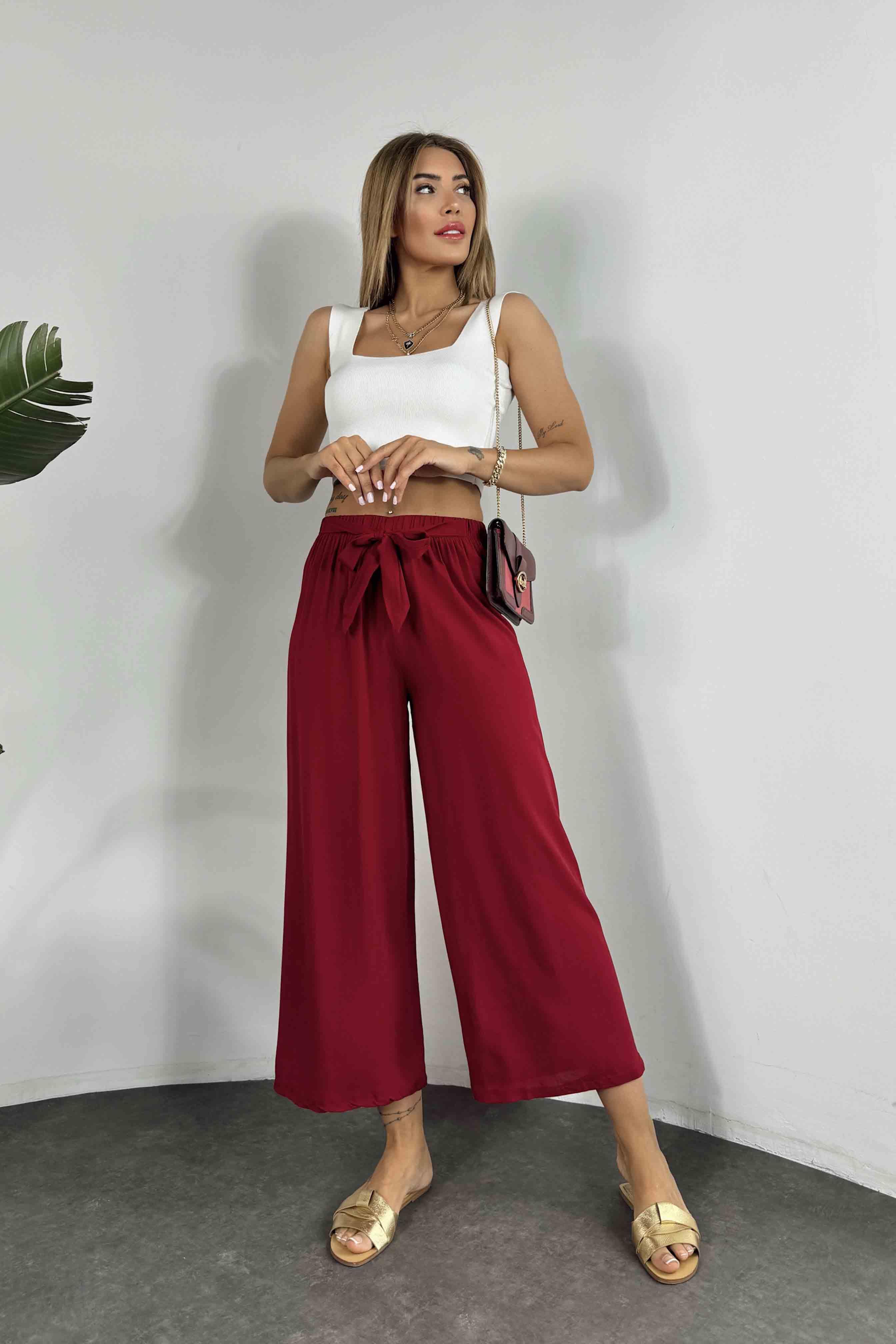 Viskon Kumaş Beli Kuşaklı Pantolon Bordo
