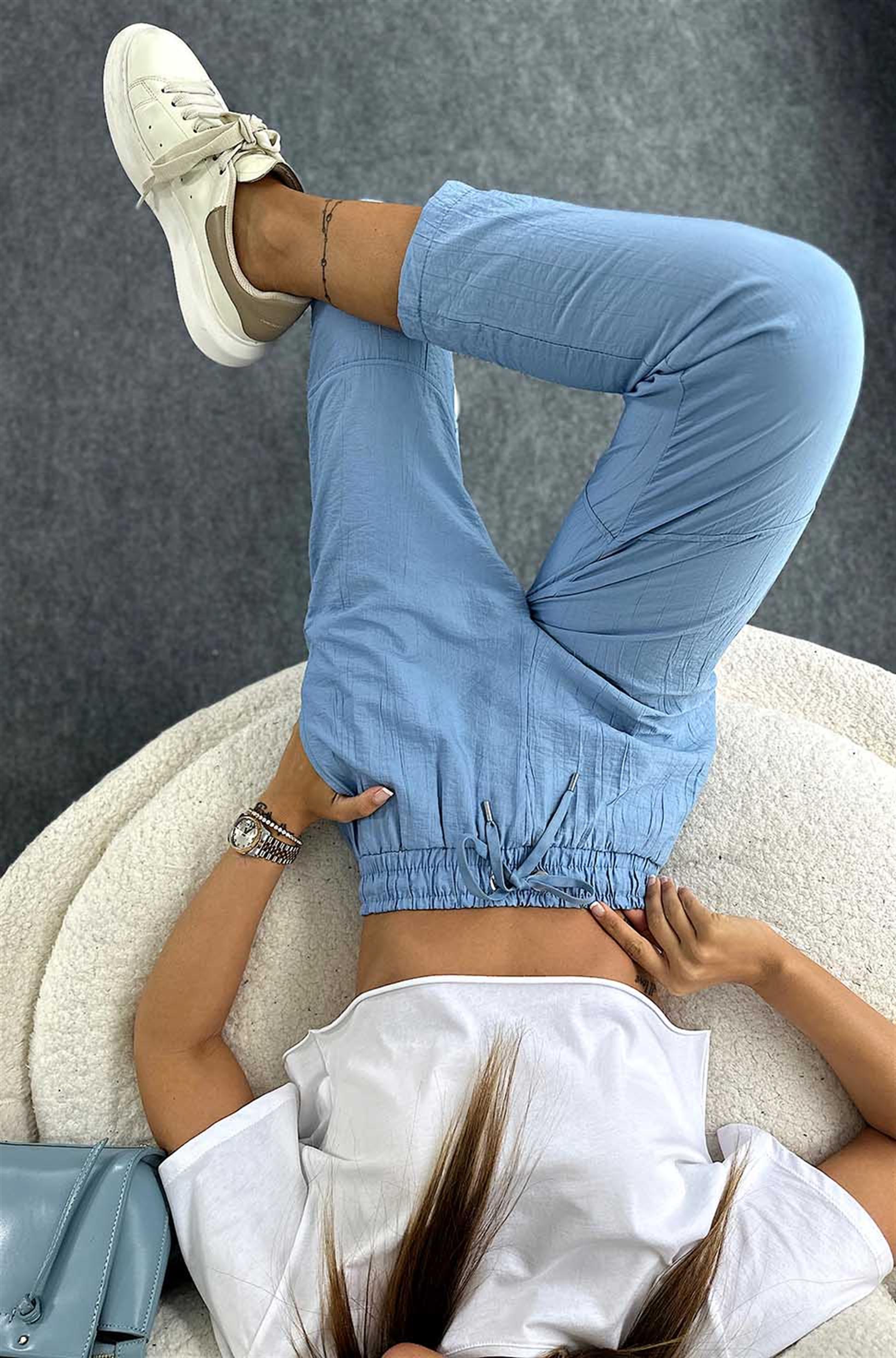 Viskon Kumaş Beli Lastikli Kadın Pantolon Mavi · 6