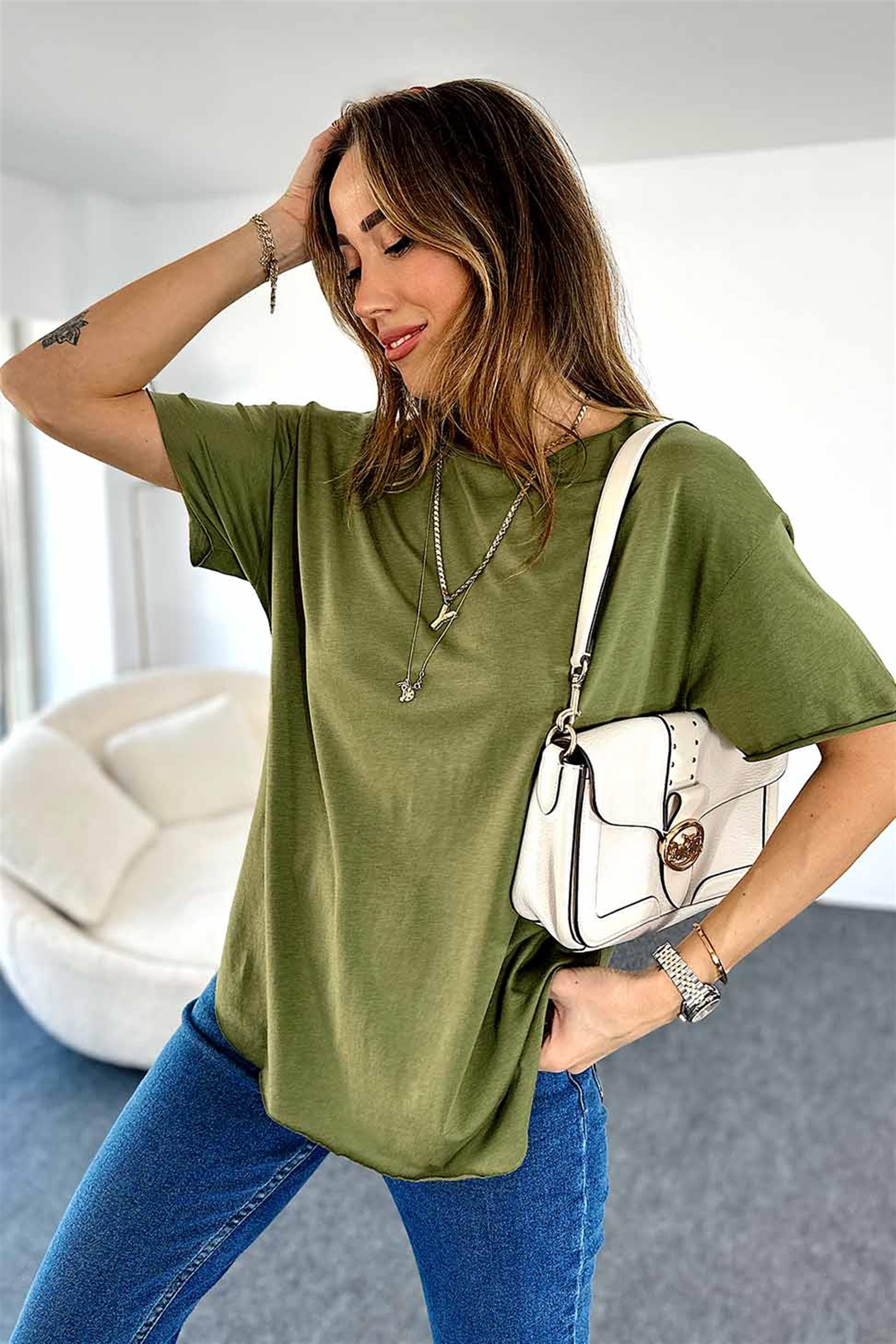 Viskon Kumaş Bisiklet Yaka Lazer Kesim Tişört Haki