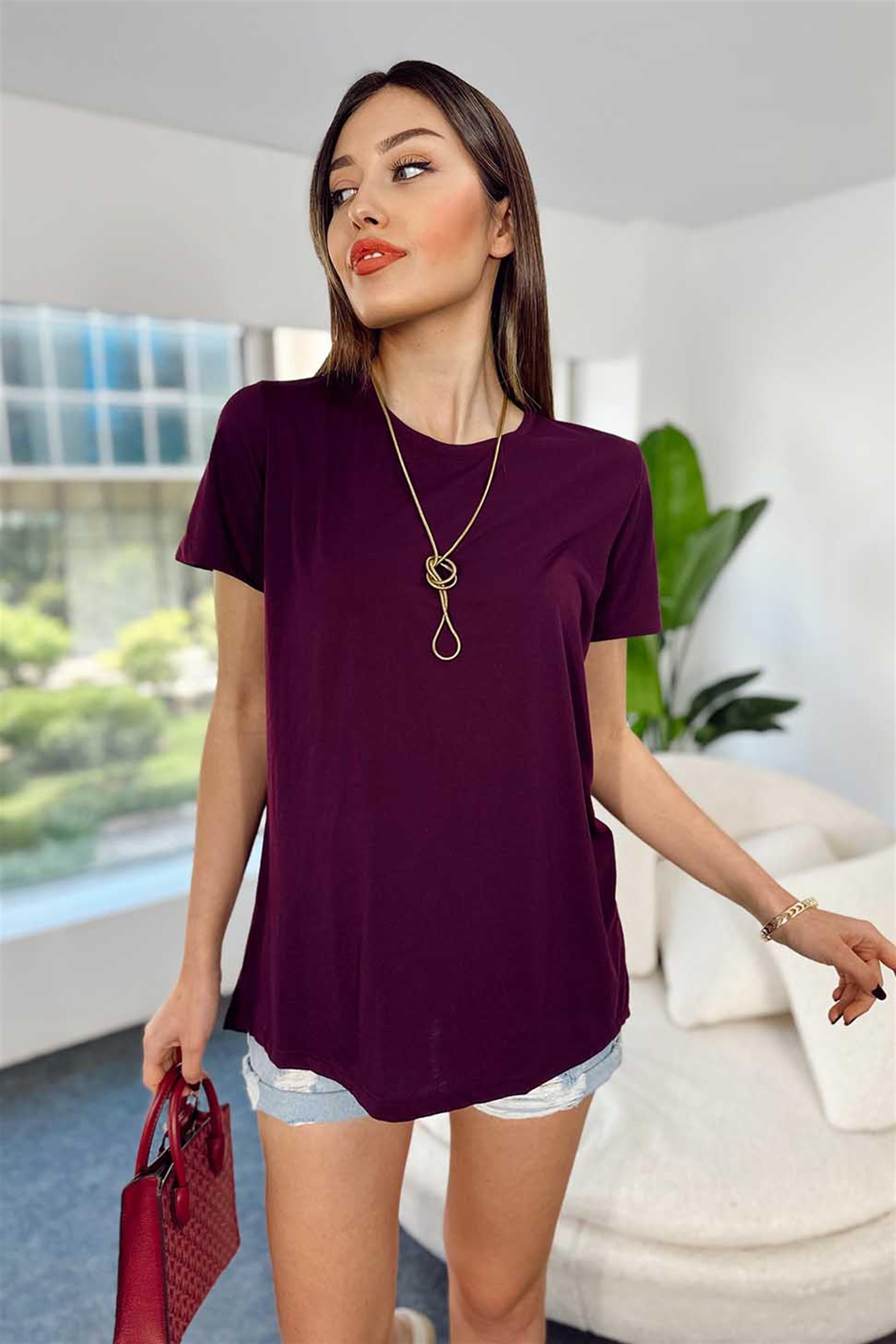 Viskon Kumaş Bisiklet Yaka Salaş Tişört Mürdüm