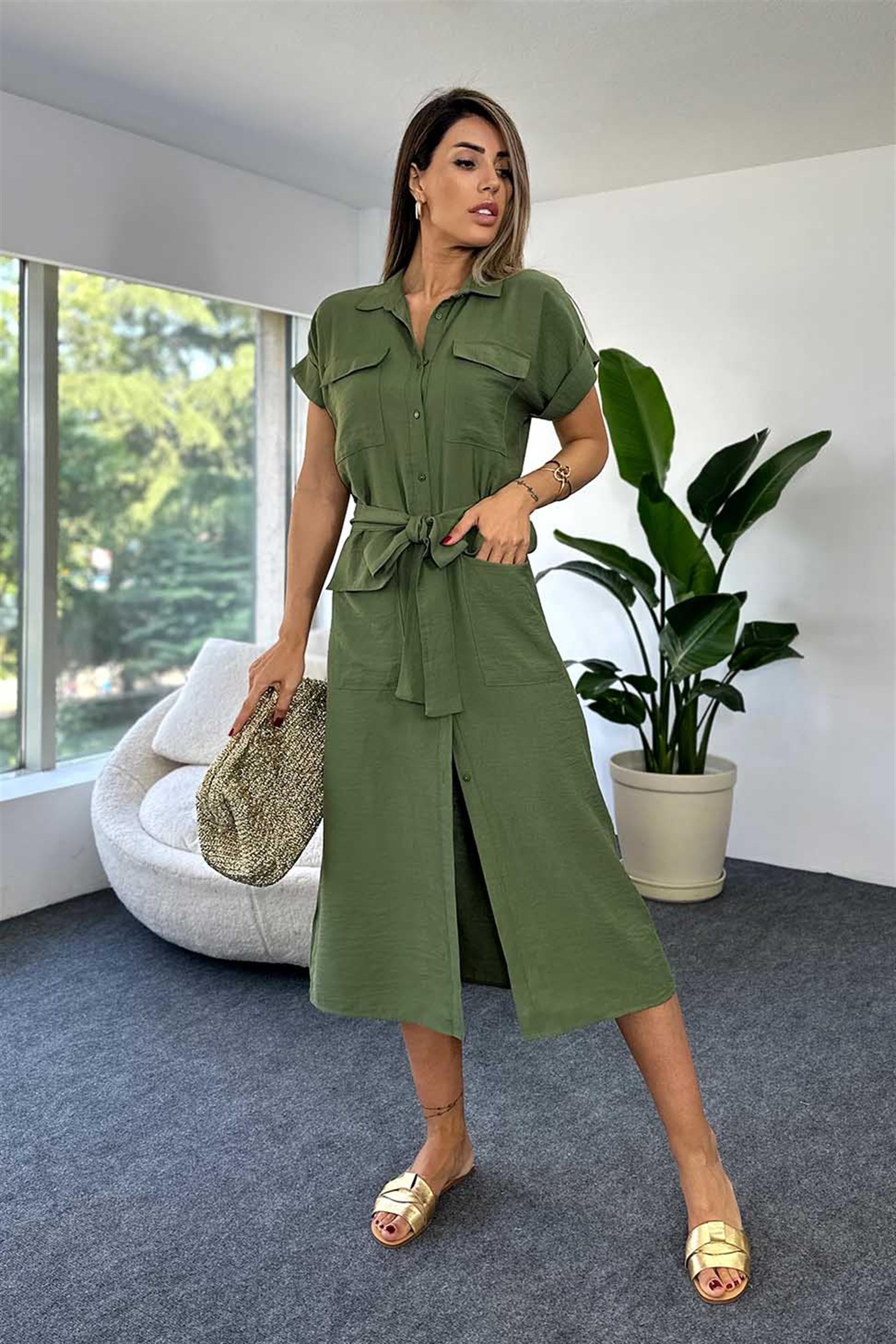 Viskon Kumaş Cep Detaylı Full Düğmeli Gömlek Elbise Haki