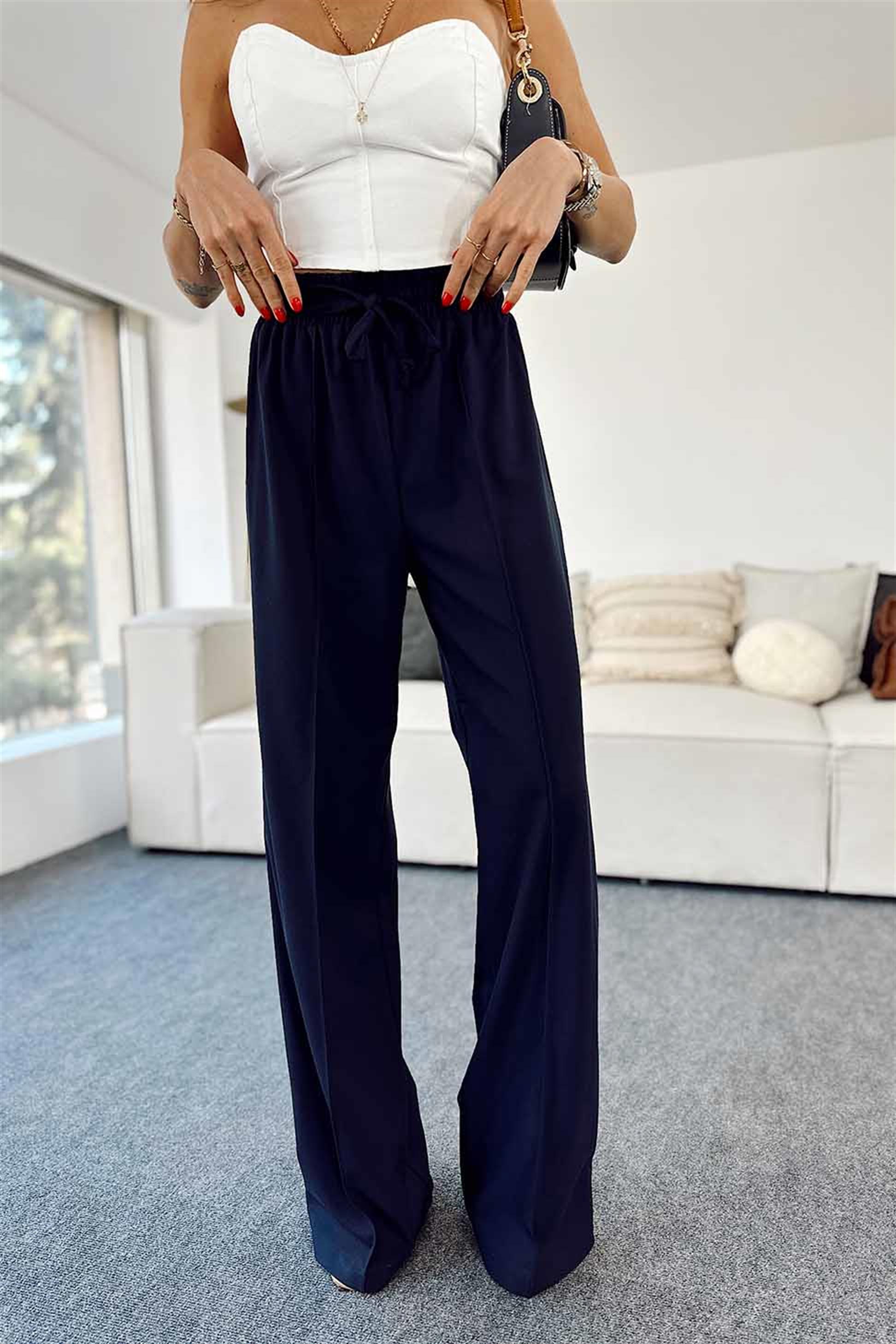 Viskon Kumaş Çıma Detay Beli Lastikli Kadın Pantolon Lacivert