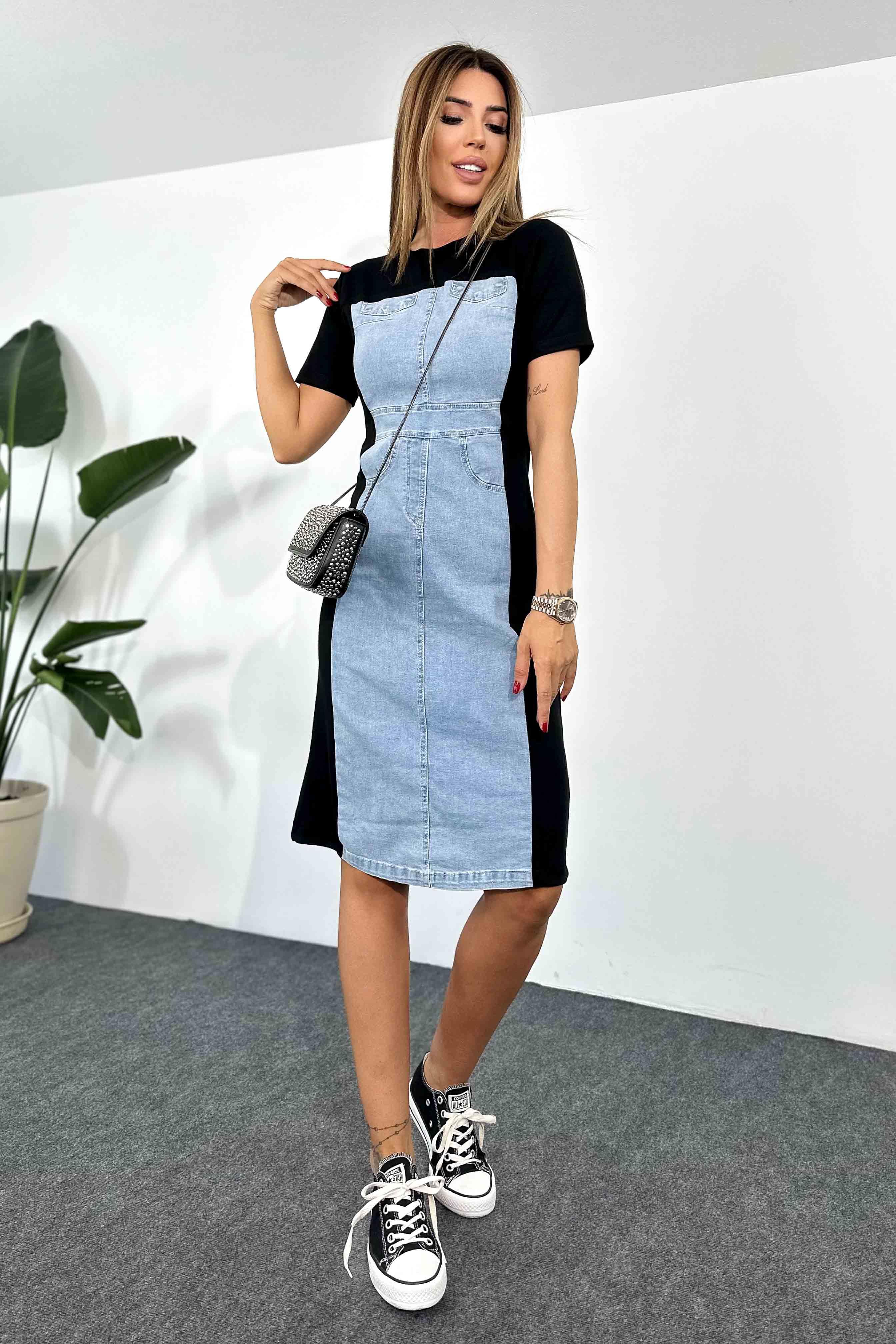 Viskon Kumaş Denim Detaylı Midi Elbise Siyah