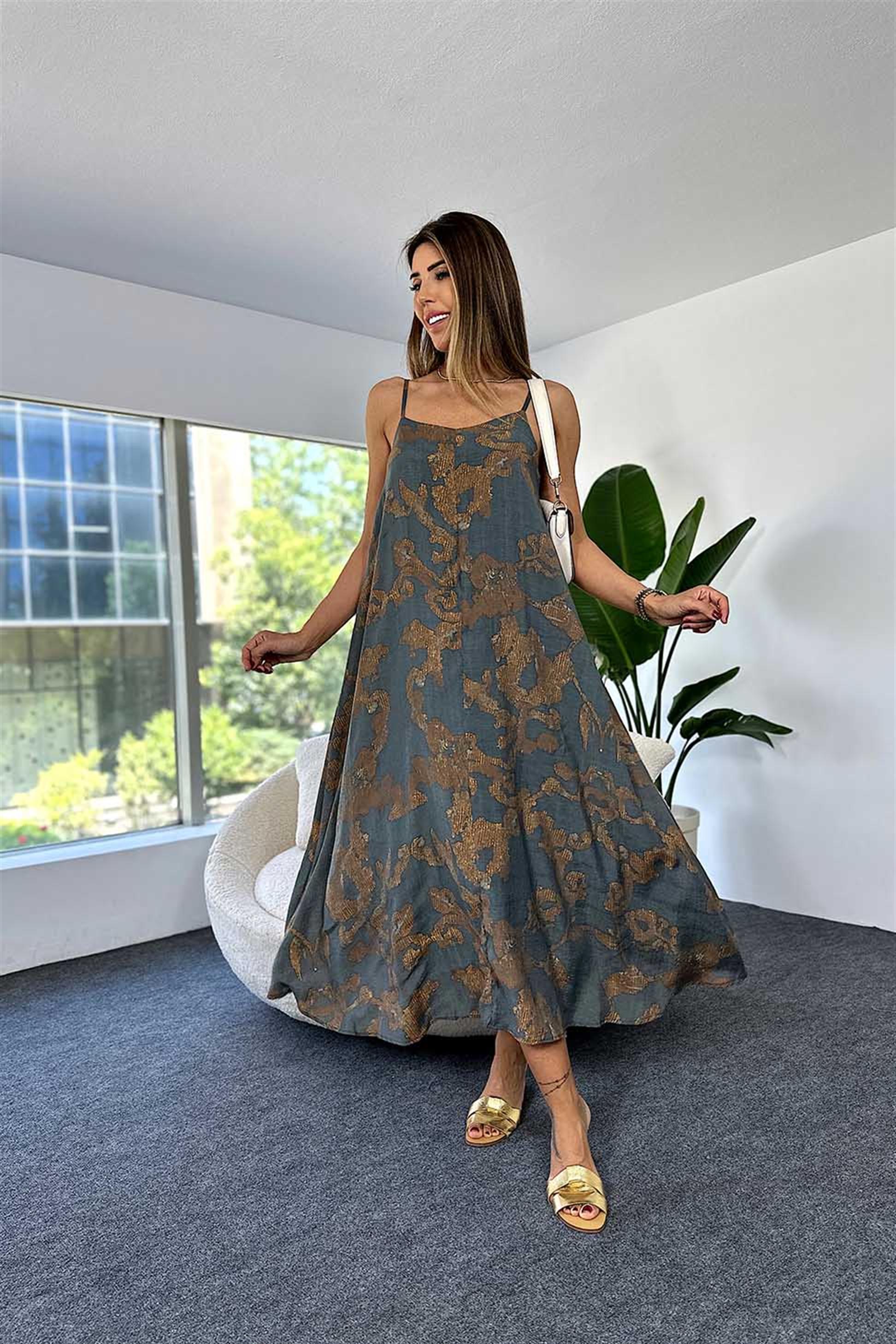 Viskon Kumaş Desenli Ayarlanabilir Askılı Salaş Elbise Antrasit