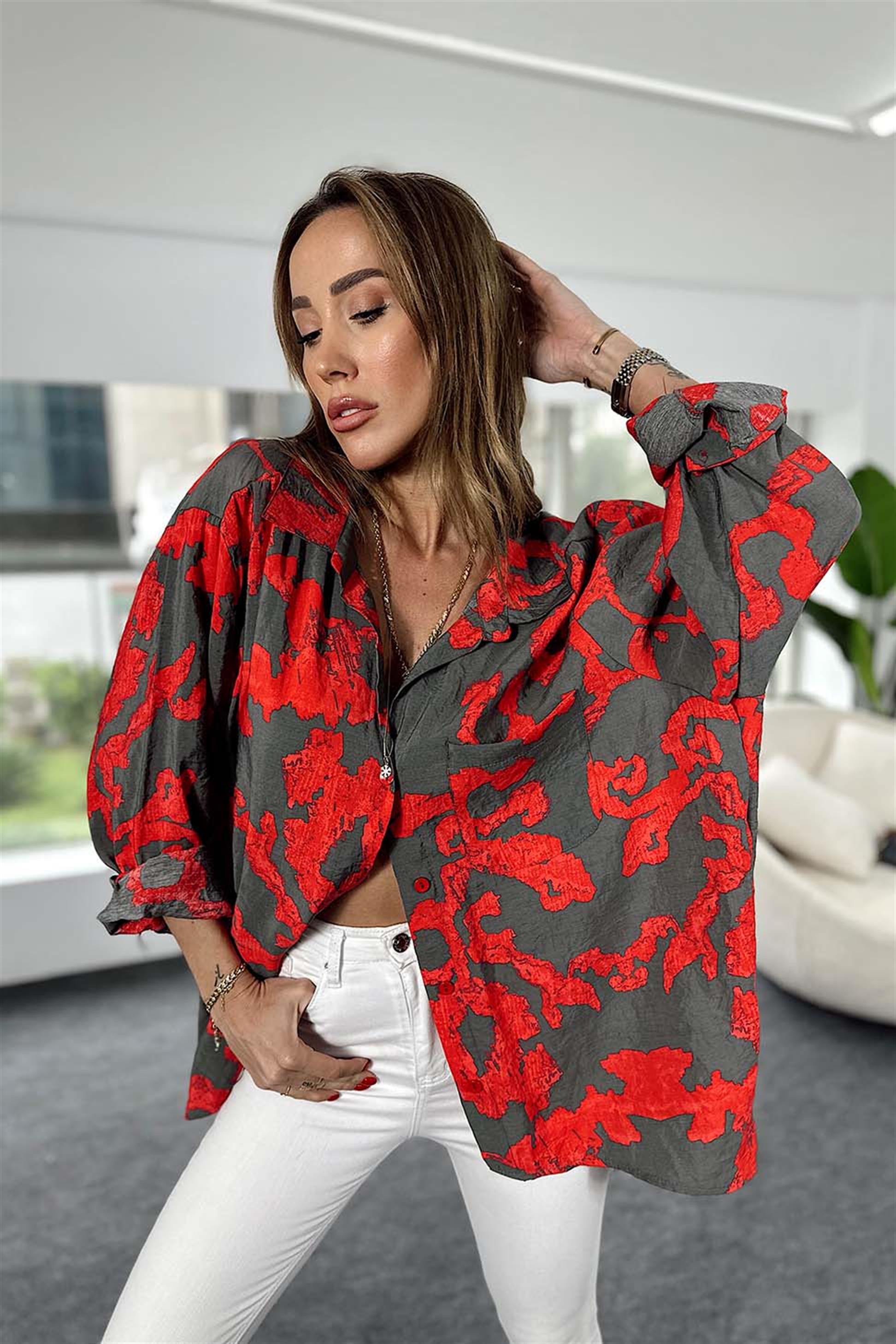 Viskon Kumaş Desenli Oversize Salaş Gömlek Kırmızı