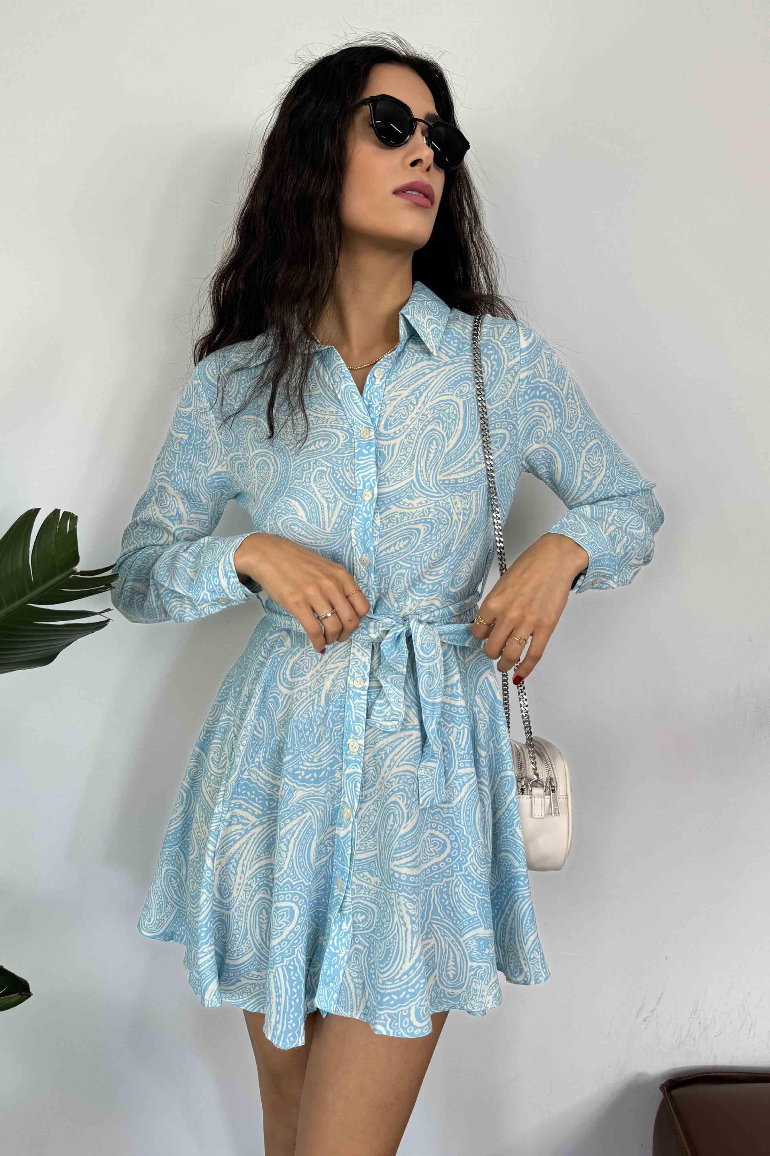 Viskon Kumaş Etnik Desenli Mini Elbise Bebe Mavisi