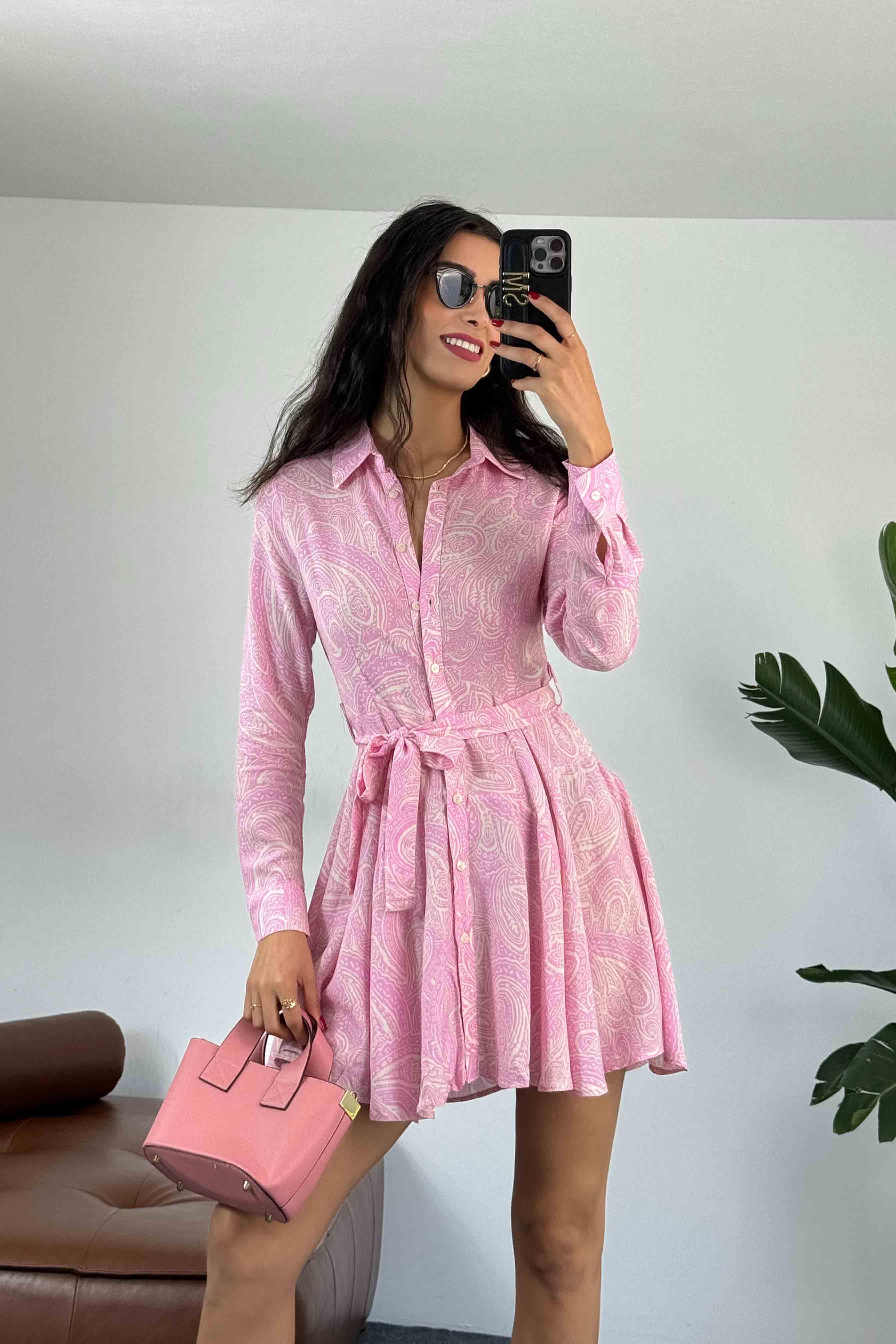 Viskon Kumaş Etnik Desenli Mini Elbise Pembe