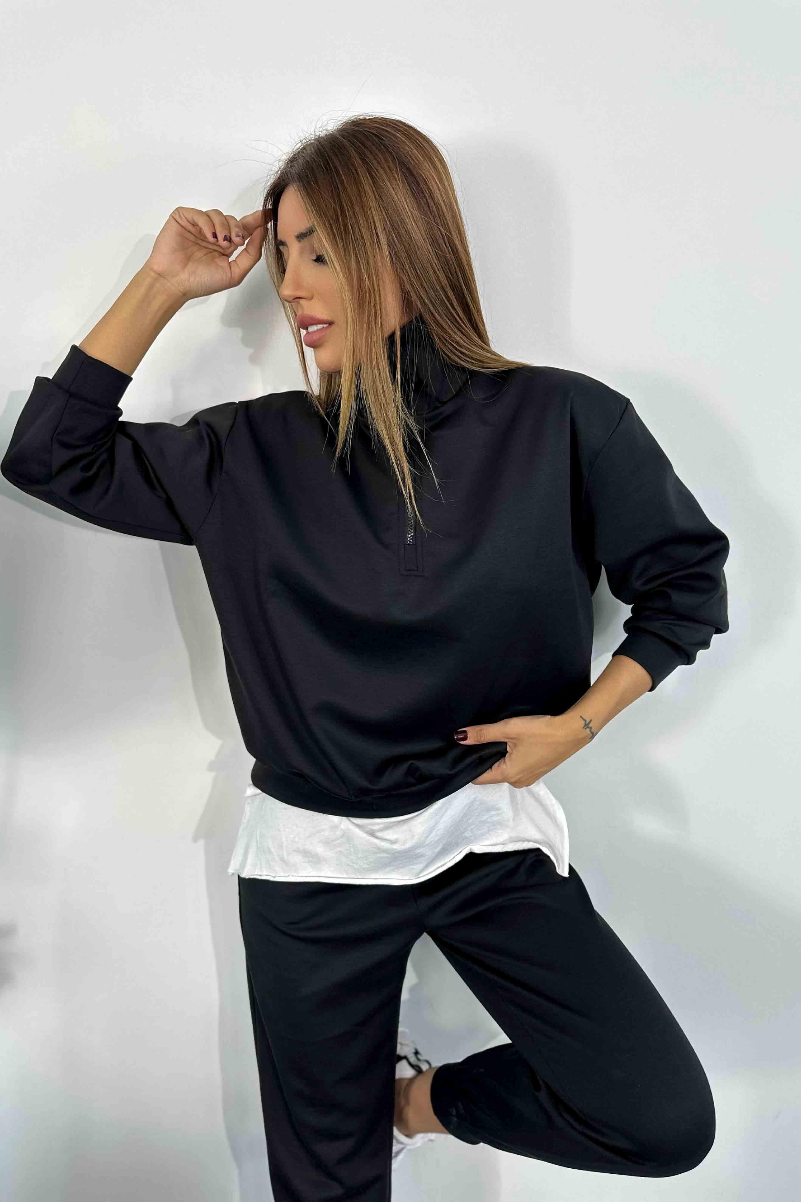 Viskon Kumaş Fermuar Yaka İkili Kadın Eşofman Takım Siyah