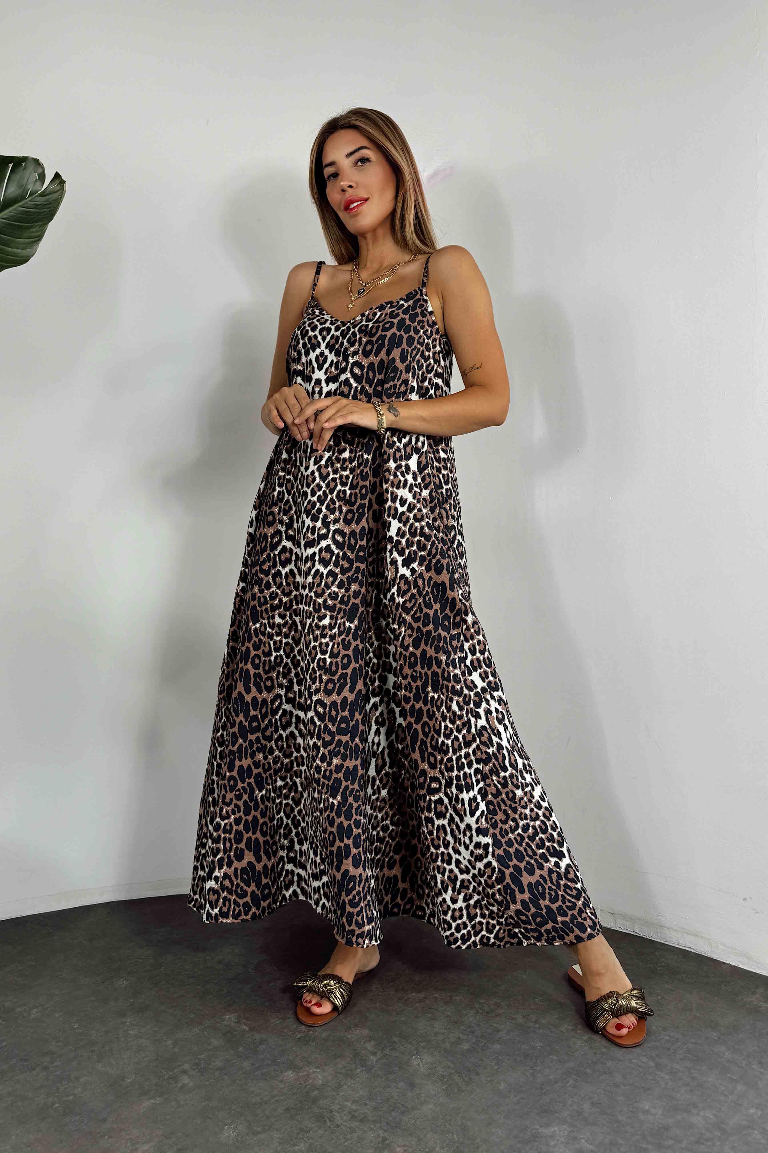 Viskon Kumaş Leopar Desen Askılı Elbise Vizon