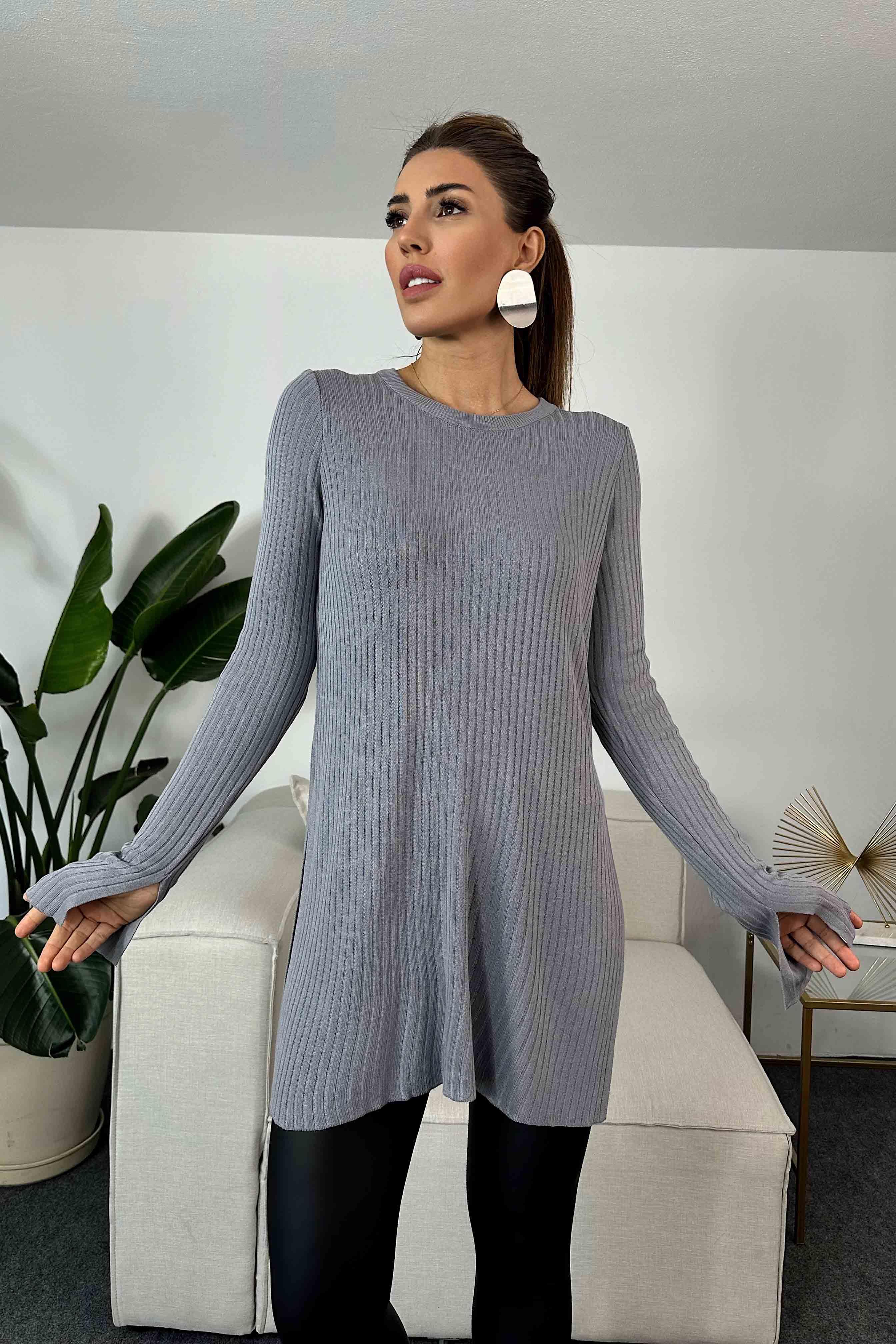 Viskon Kumaş Örme Fitilli Yırtmaç Detay Uzun Bluz Gri