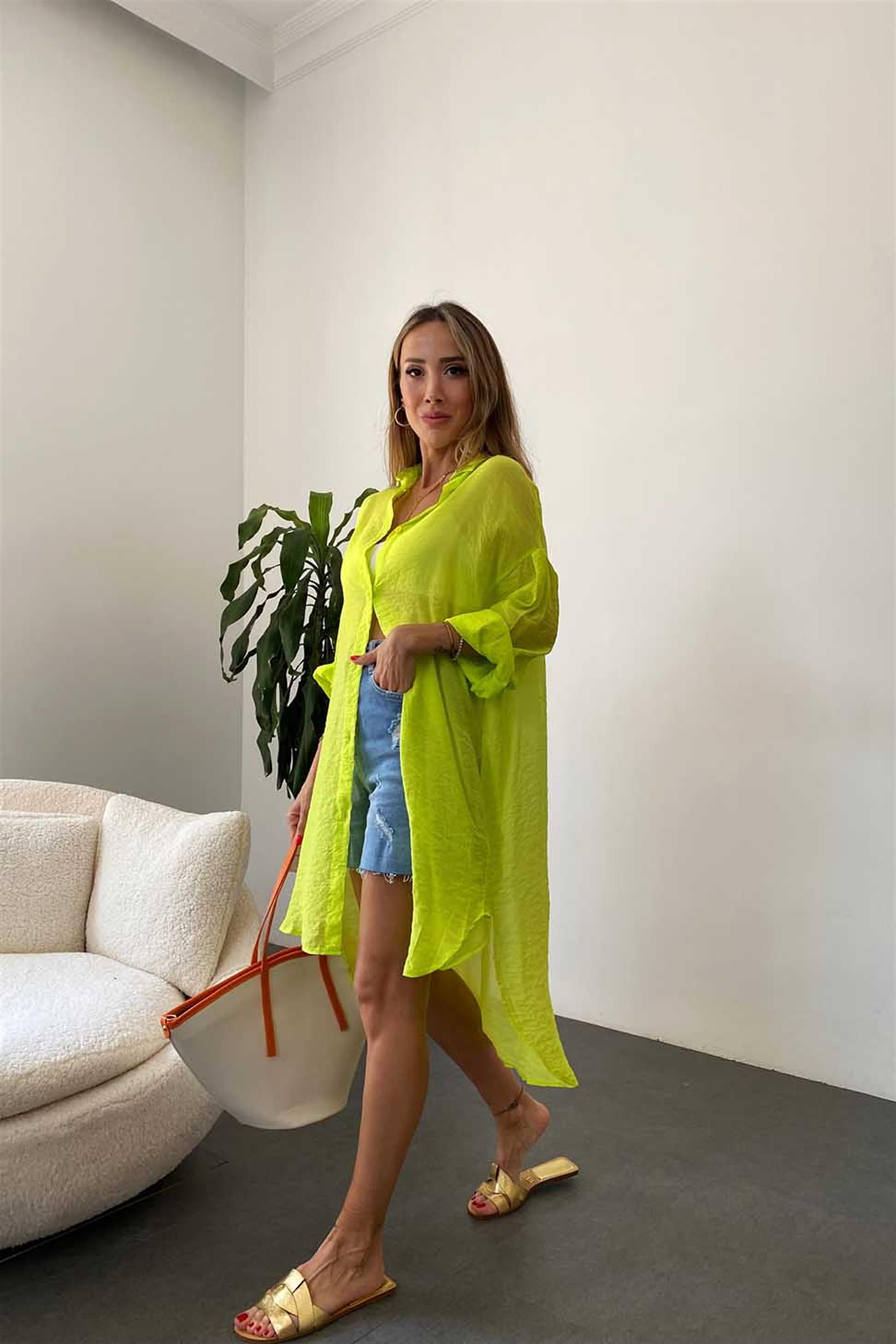 Viskon Kumaş Oversize Pareo Gömlek Neon Sarı
