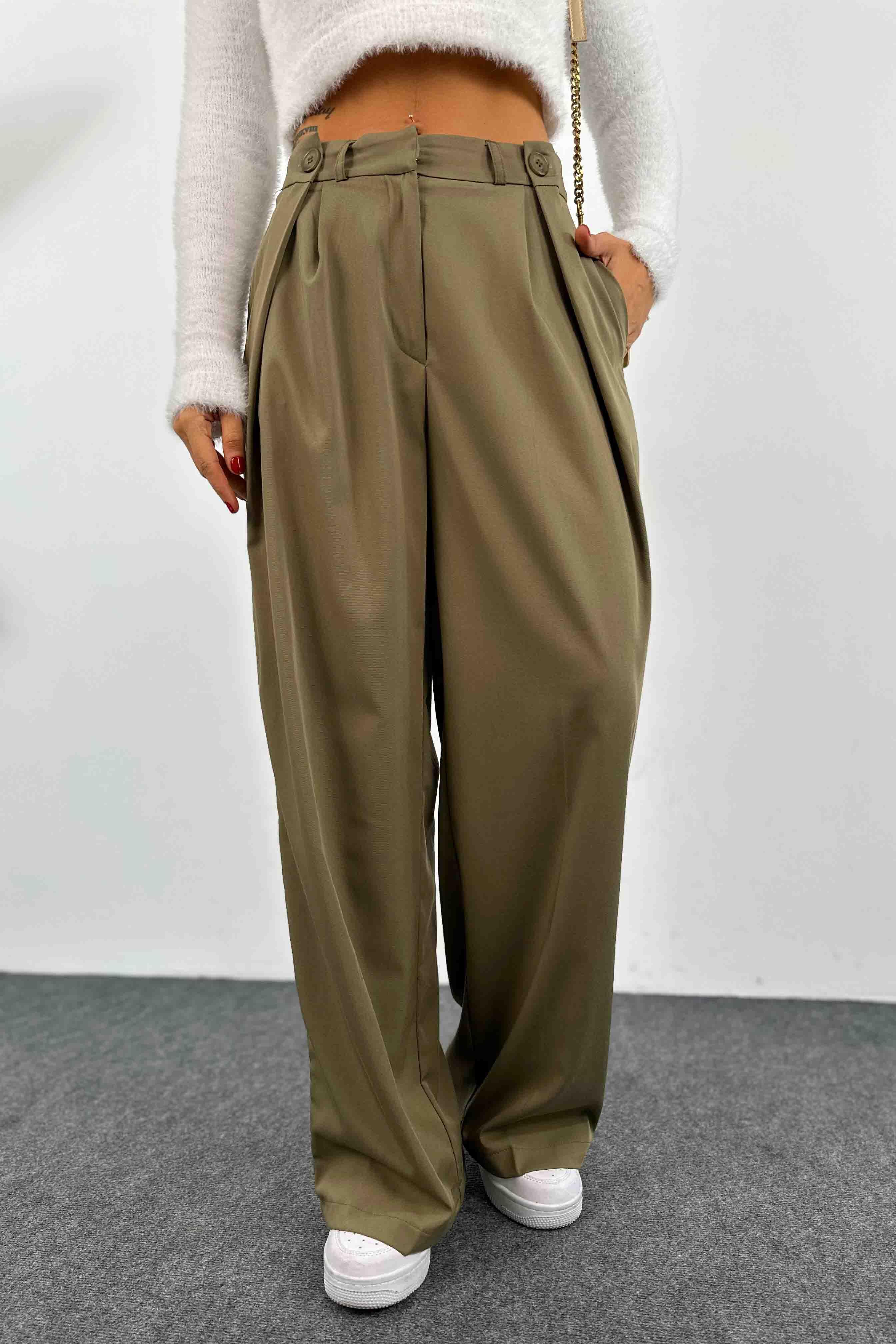 Viskon Kumaş Pileli Palazzo Kadın Pantolon Haki