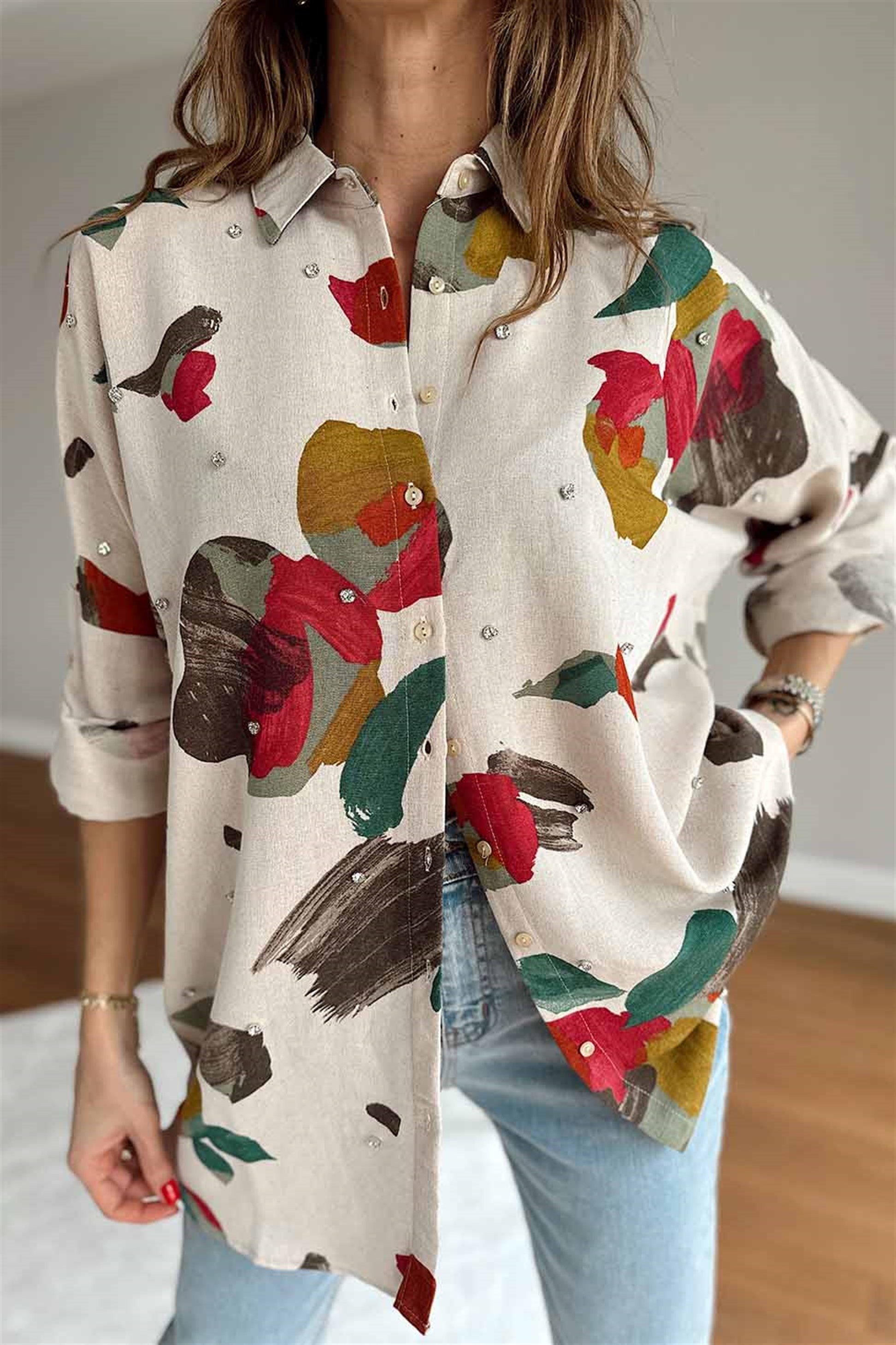 Viskon Kumaş Taşlı Özel Tasarım Kadın Gömlek Renkli - Butik Gardrop
