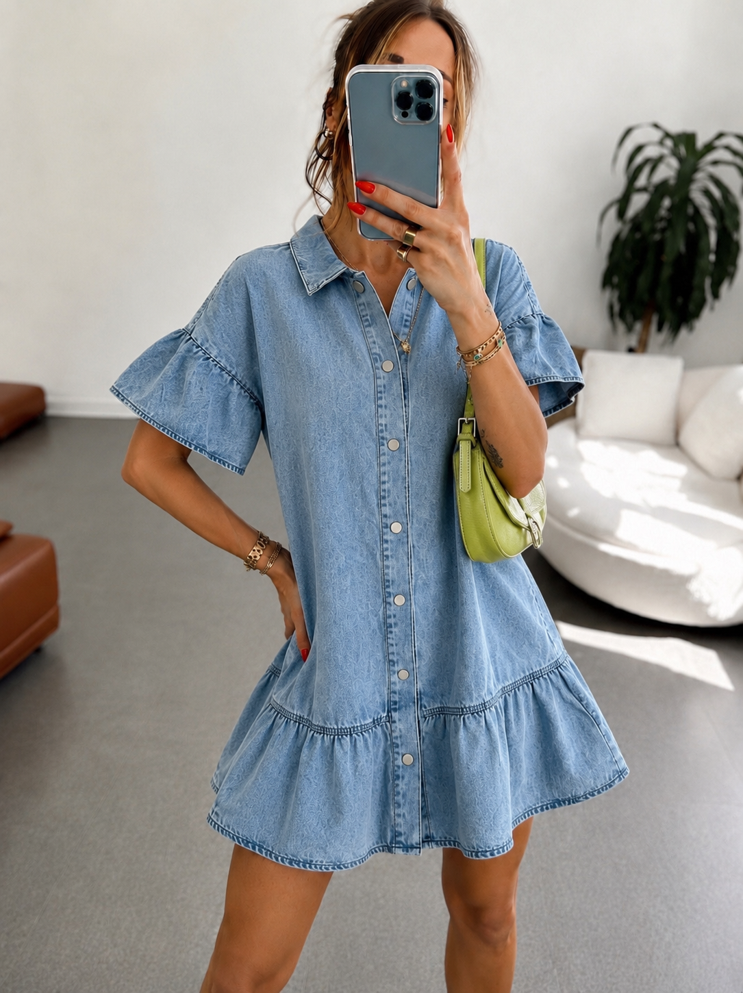 Volan Detaylı Mini Tok Kumaş Denim Elbise