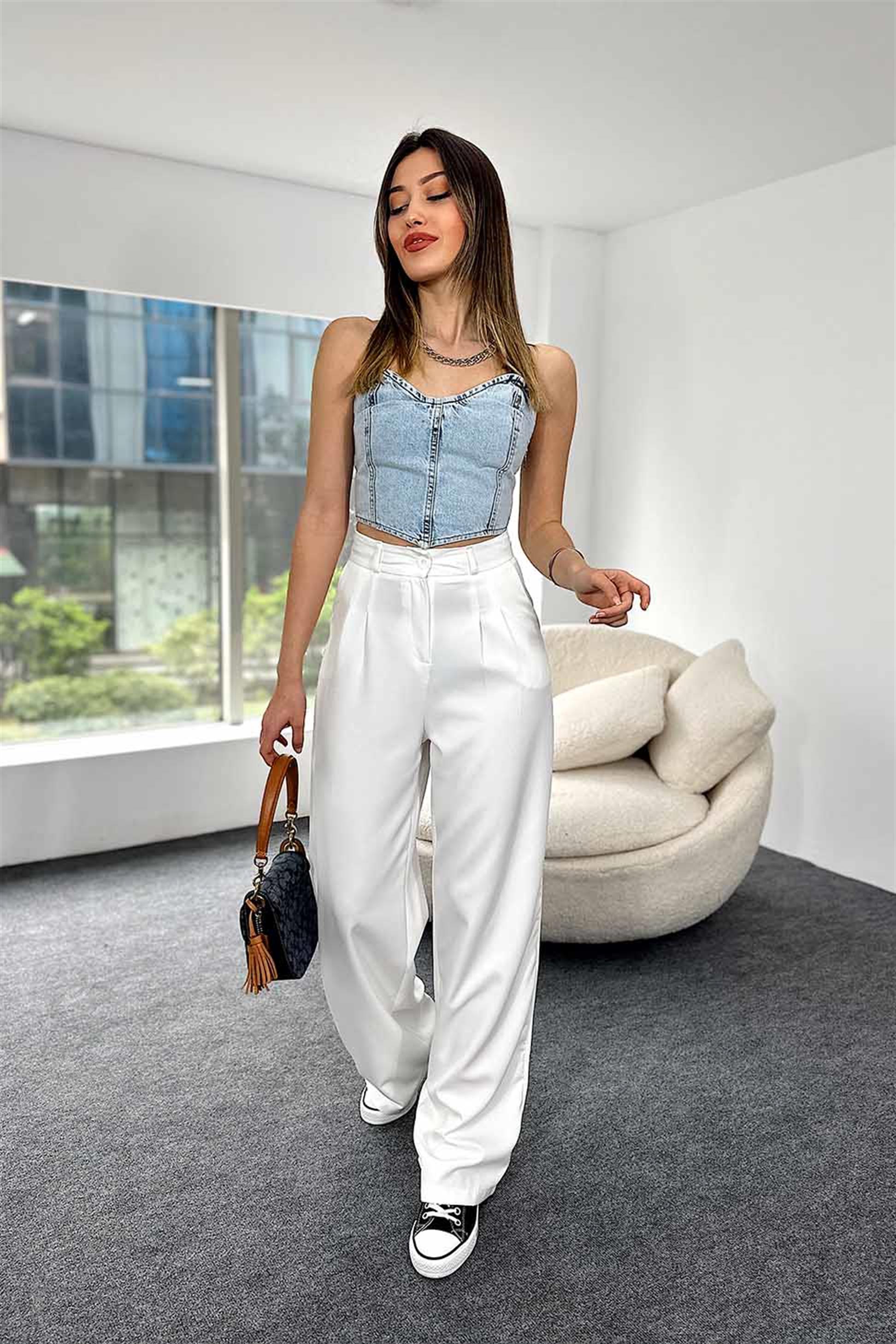 Yandan Fermuarlı Denim Crop Büstiyer BUZ MAVİSİ