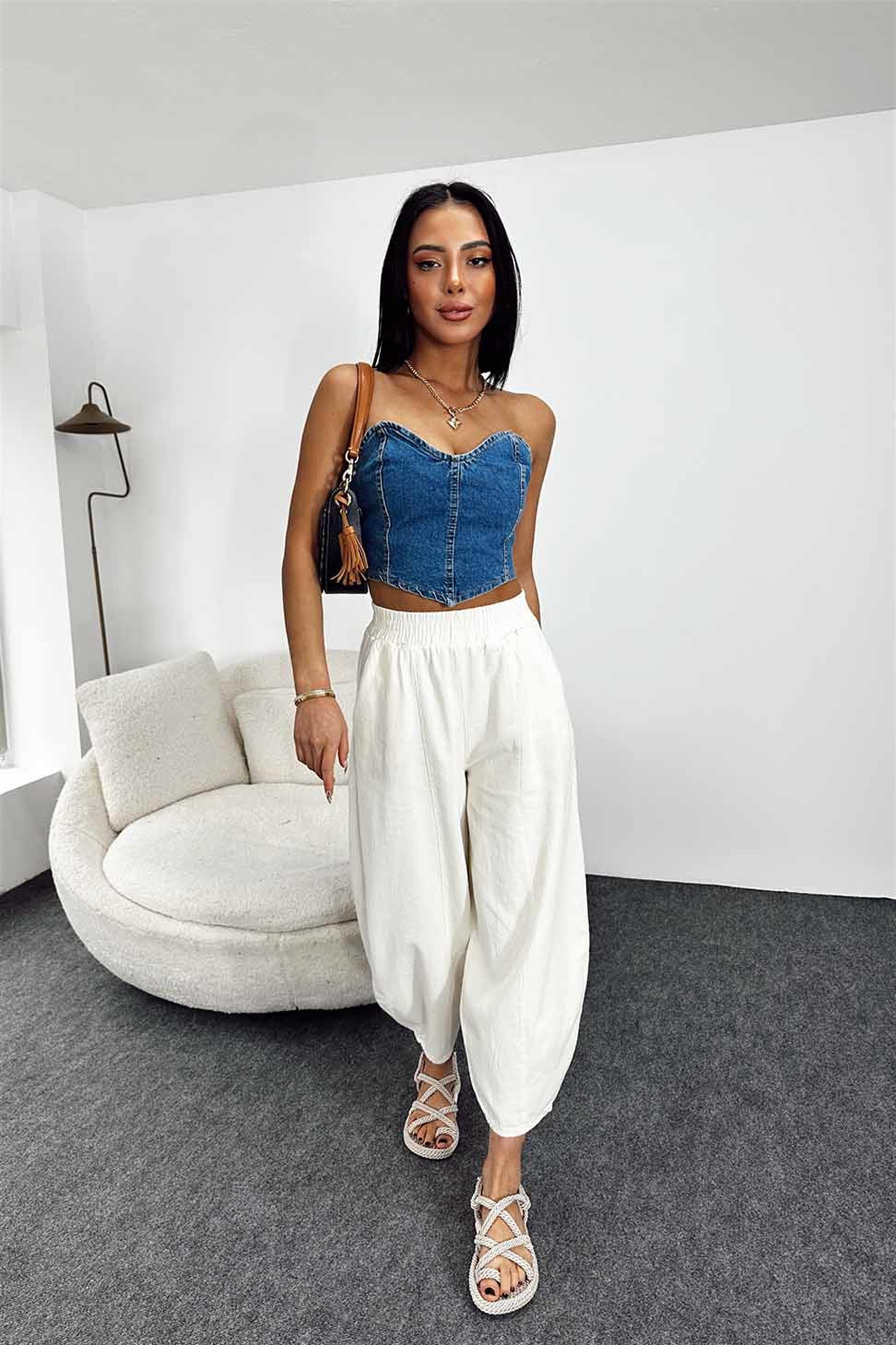 Yandan Fermuarlı Denim Crop Büstiyer Mavi
