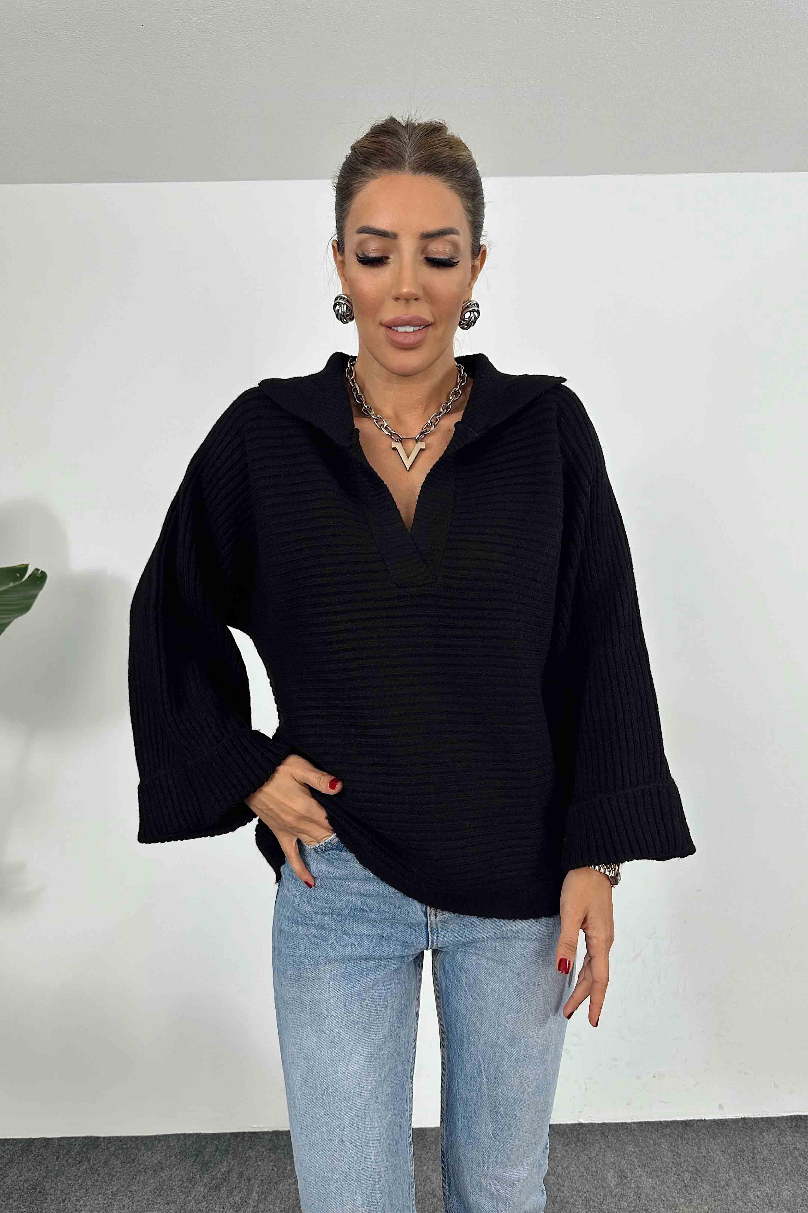 Yarasa Kol Polo Yaka Kazak Siyah