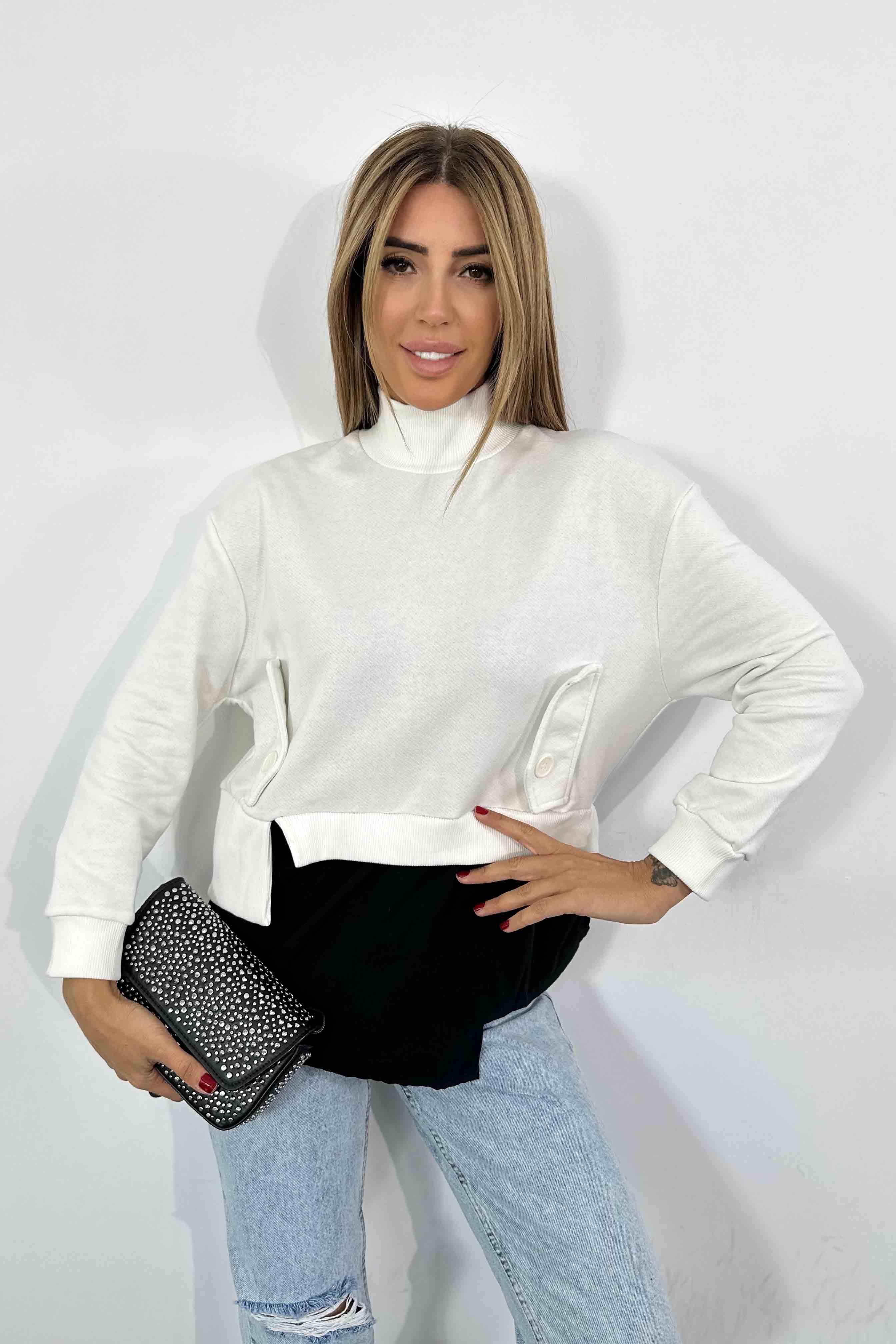 Yarı Balıkçı Yaka Çift Renk Tasarım Sweatshirt Beyaz