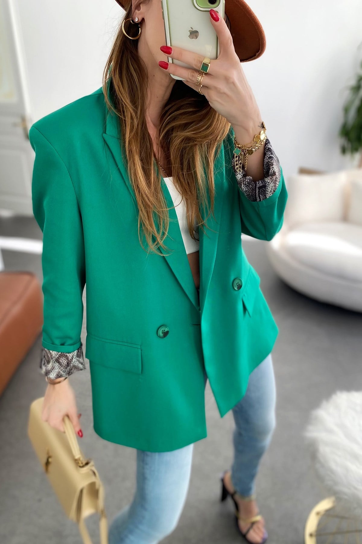 Yeşil İçi Yılan Desen Saten Astarlı Tasarım Blazer Ceket