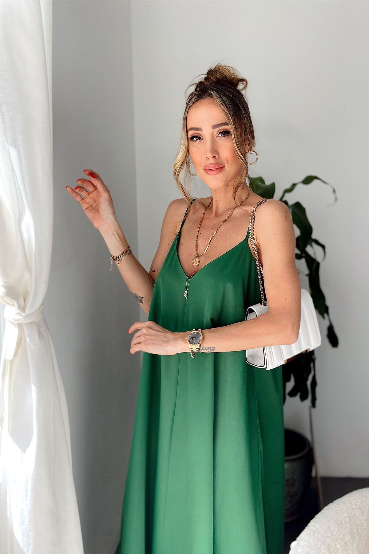 Yeşil İp Askılı V Yaka Tasarım Nora Lüx Kalite Elbise