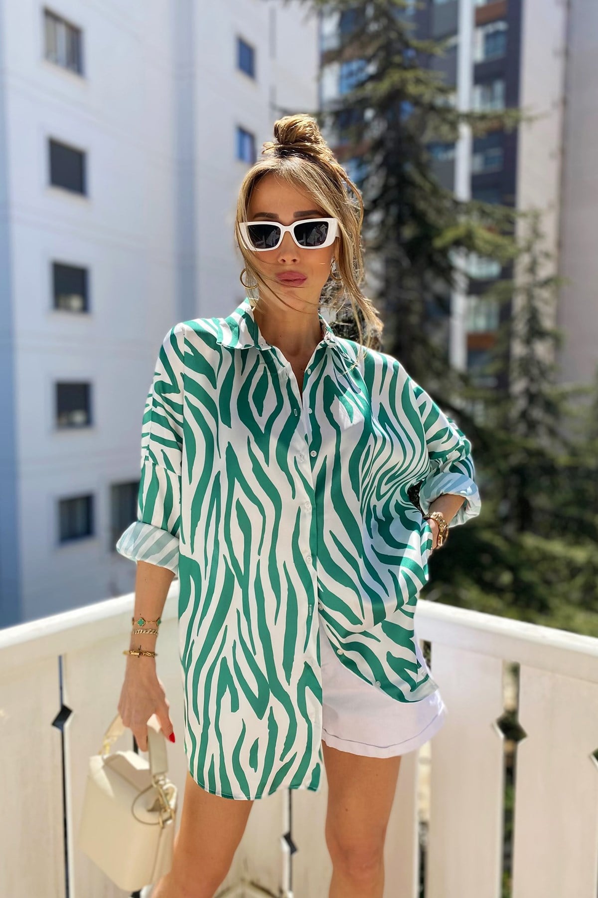 Yeşil Mavi Zebra Desen Oversize Mix Gömlek