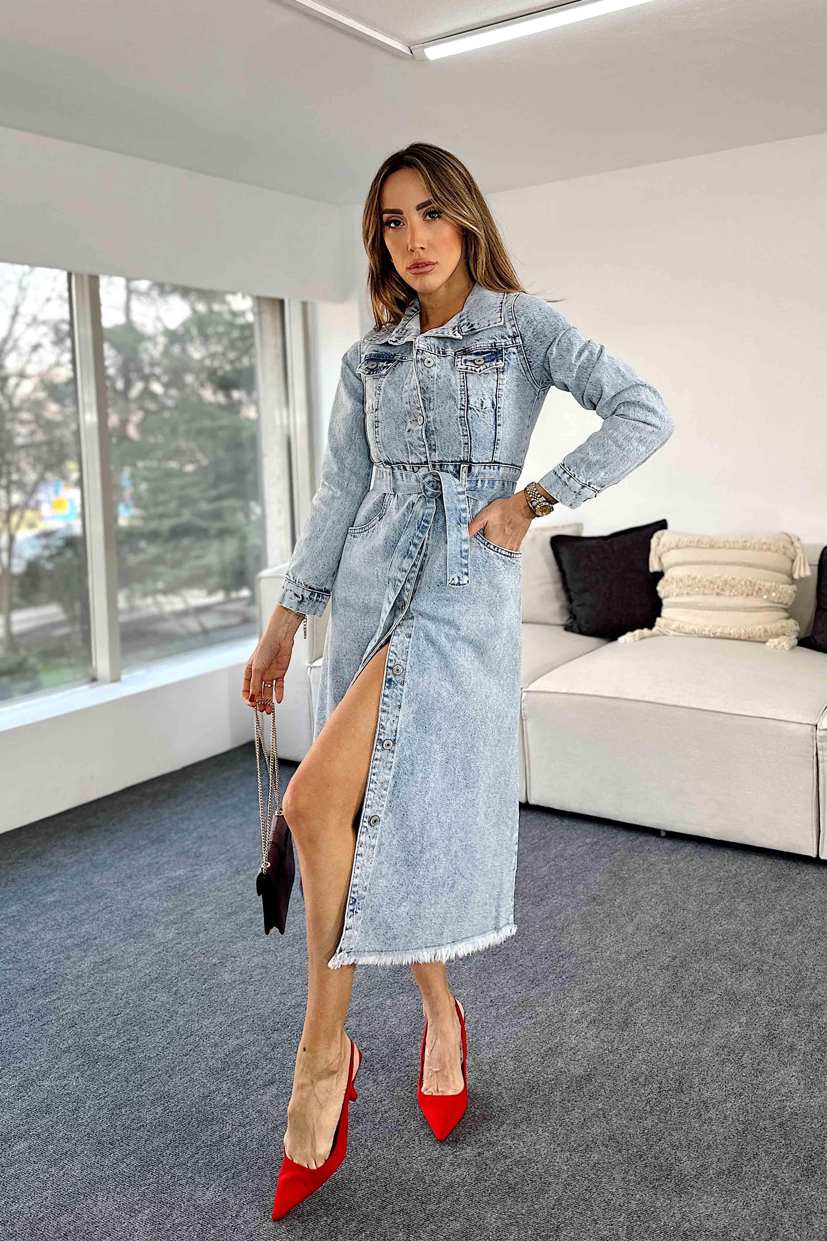 Yırtmaç Detaylı Denim Elbise Mavi