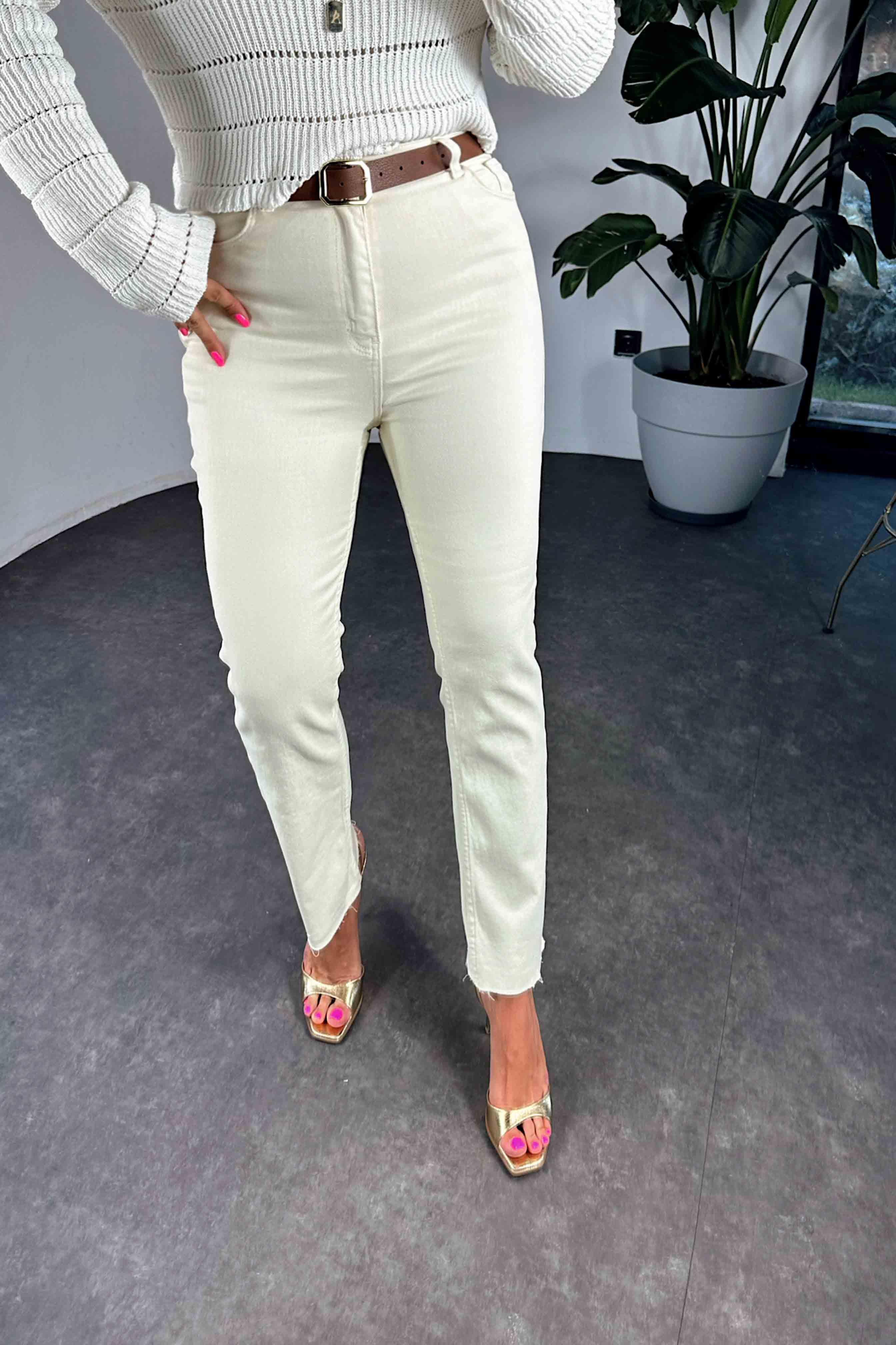 Yüksek Bel Boyfriend Kadın Jean Bej