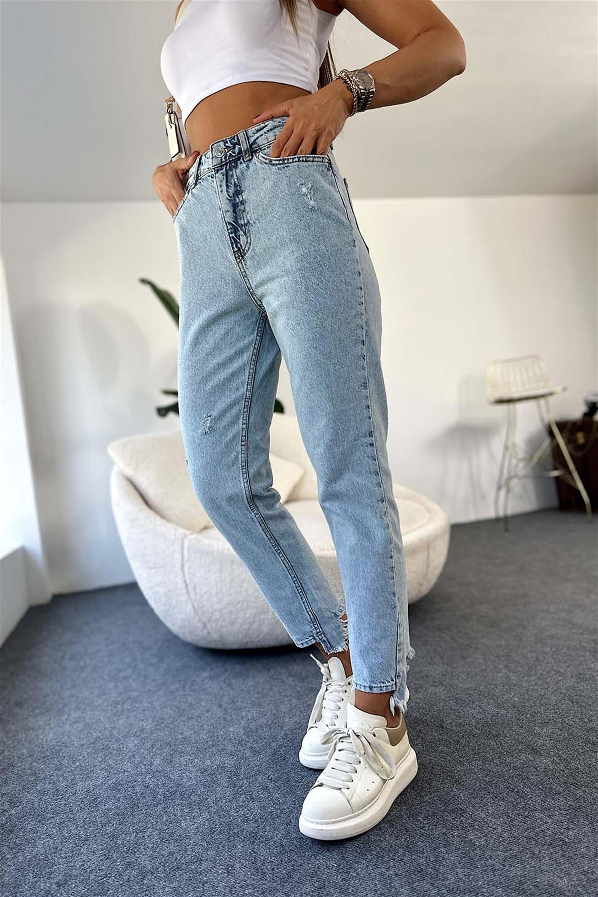 Yüksek Bel Boyfriend Paçası Yırtık Kar Yıkamalı Kadın Jean Pantolon Kar
