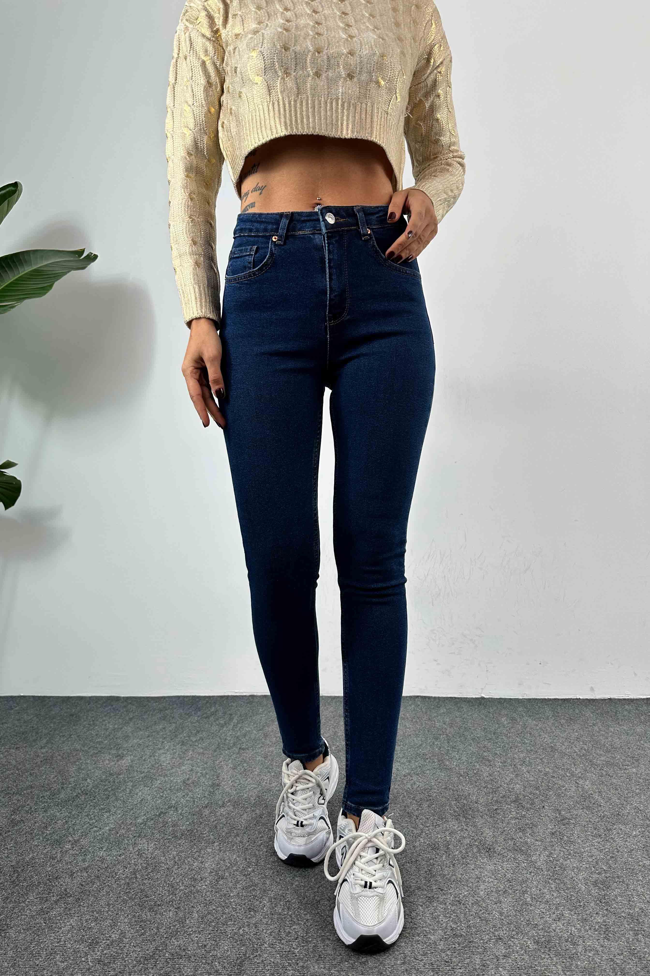Yüksek Bel Kadın Slim Fit Jean Pantolon Koyu Mavi
