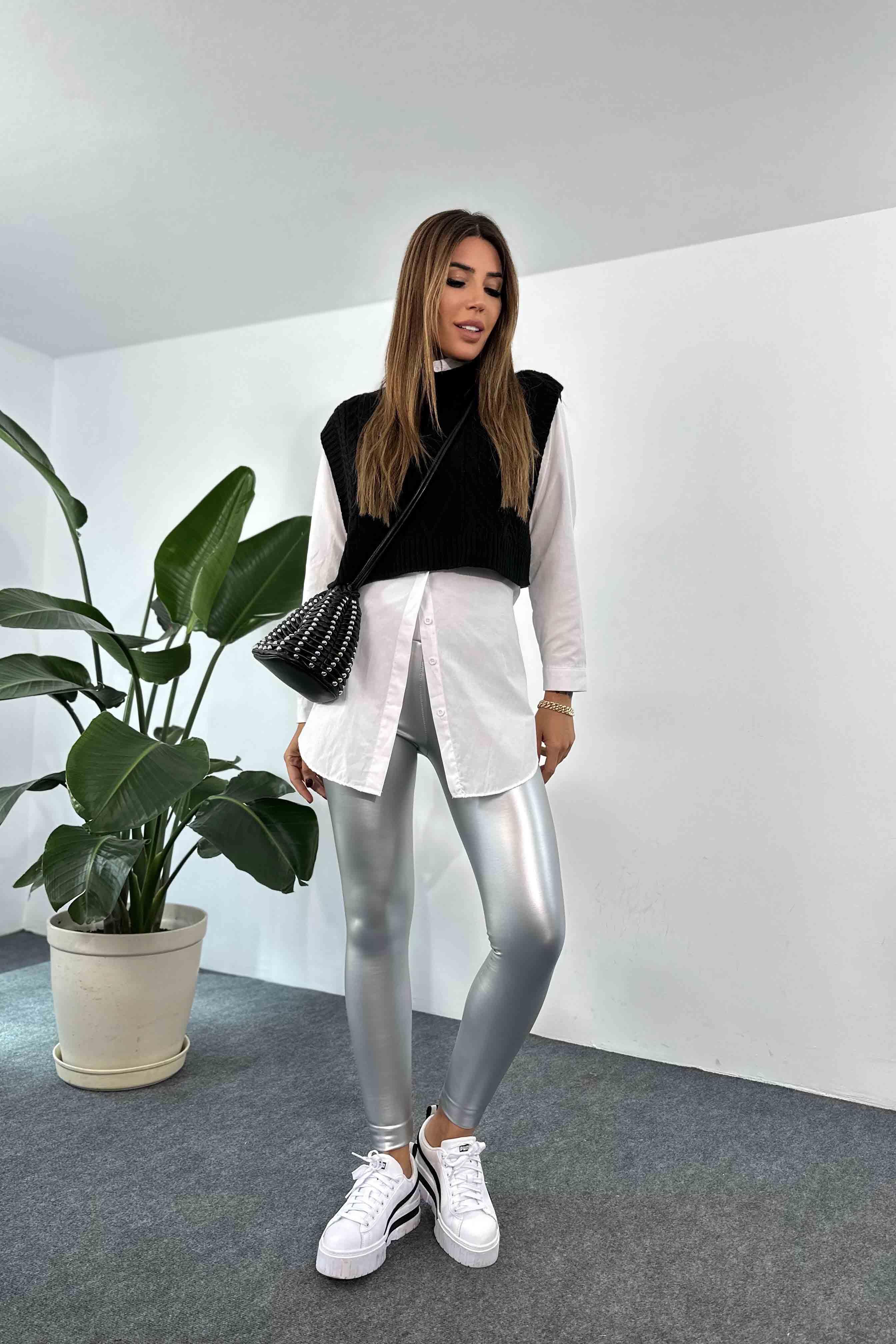 Yüksek Bel Kalın Kemerli Parlak Deri Tayt Silver