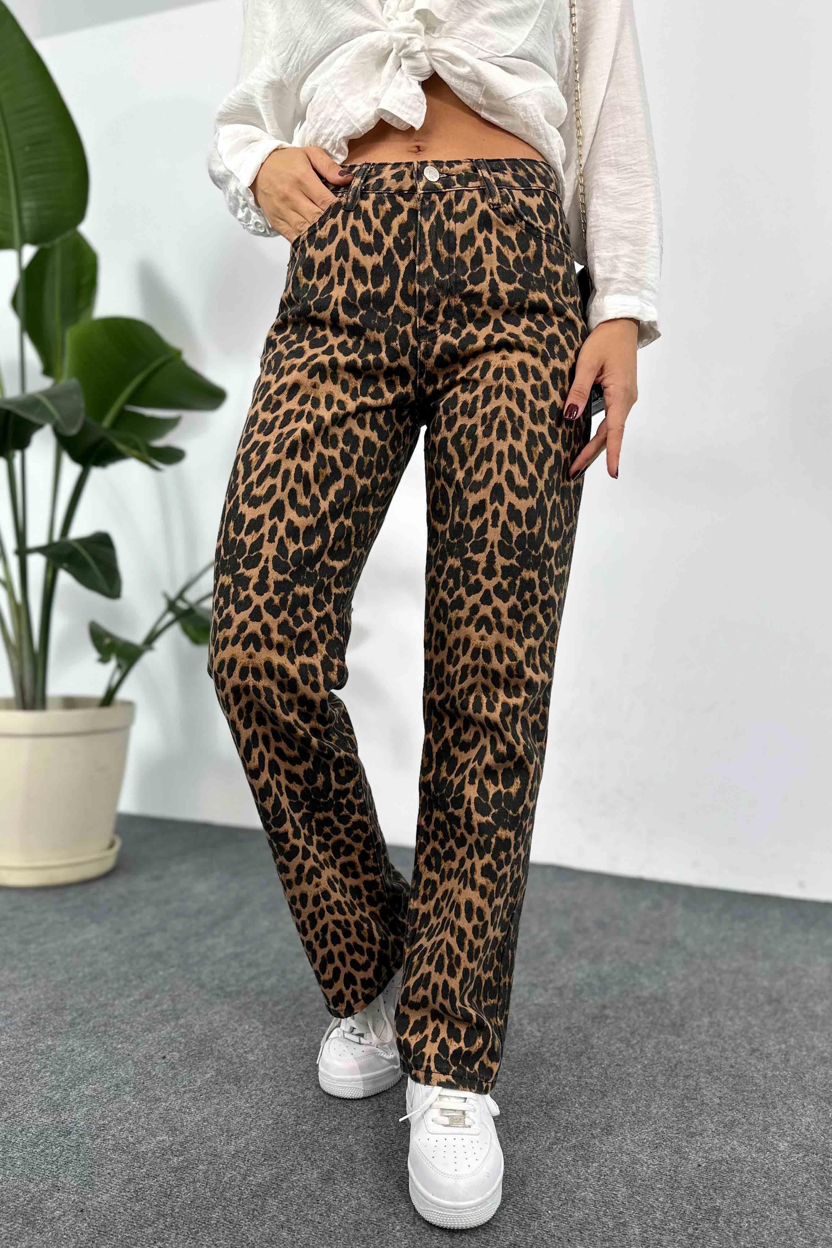 Yüksek Bel Leopar Desenli Jean Pantolon Siyah