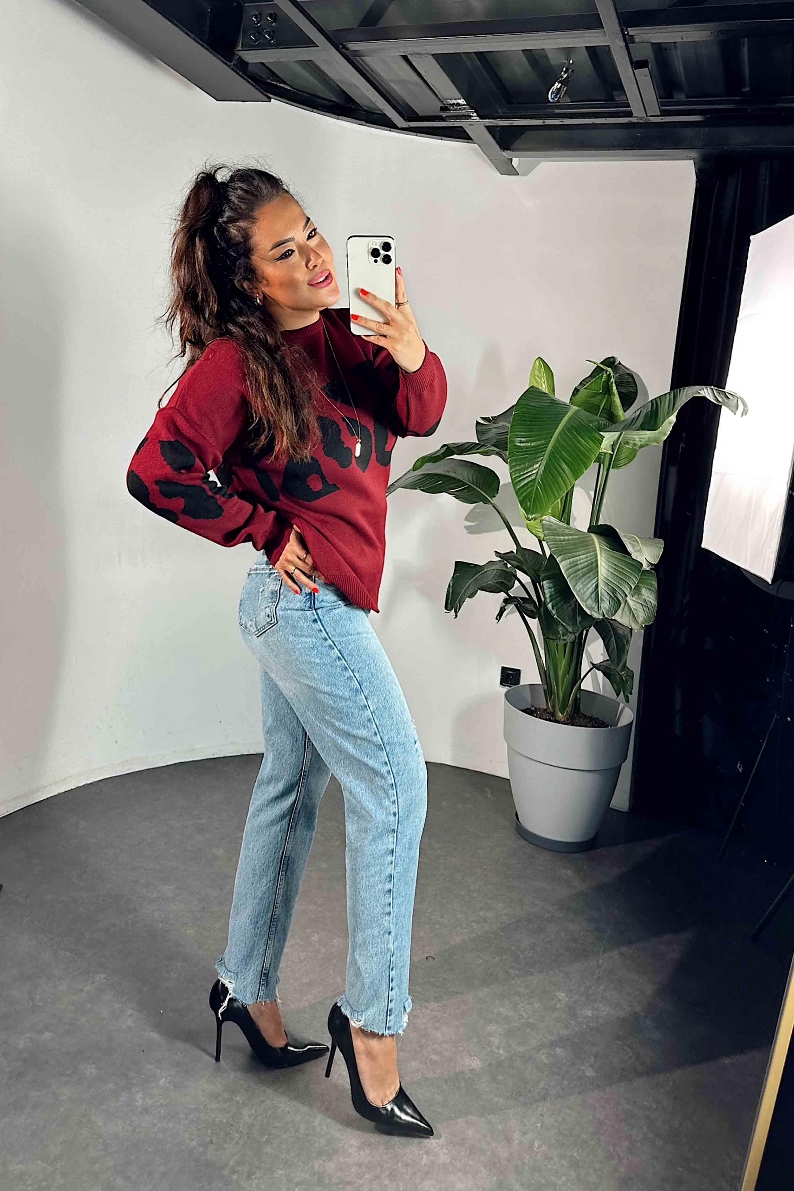 Yüksek Bel Püskül Detay Mom Jean Kadın Pantolon Mavi
