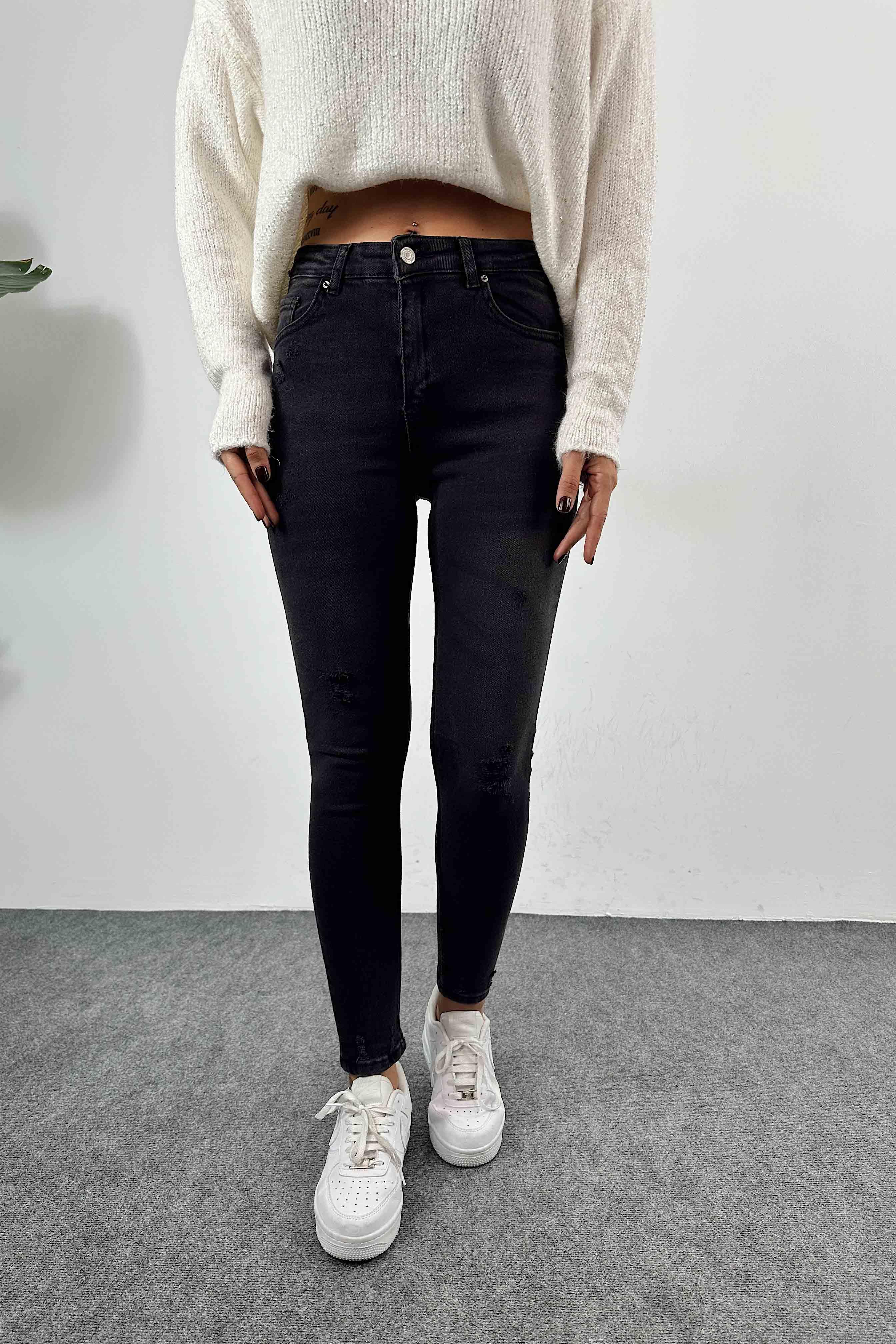 Yüksek Bel Skinny Kadın Jean Pantolon Füme
