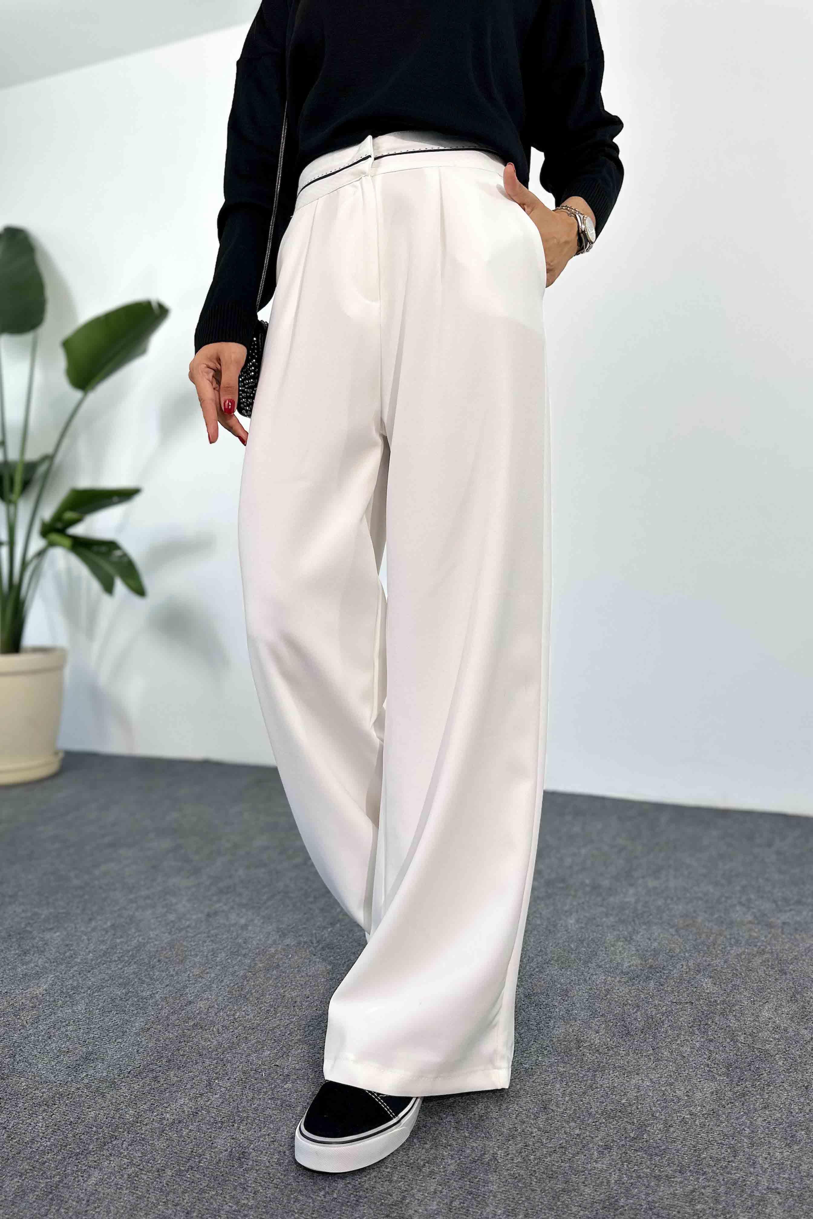 Tasarım Beli Ekru Kemerli Palazzo Pantolon Beyaz · 6